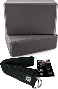 dimok Yoga Blocks and Strap Set - Foam Bricks 9x6x4 and 8FT Yoga Belt Metal D-Ring - High Density Premium Quality