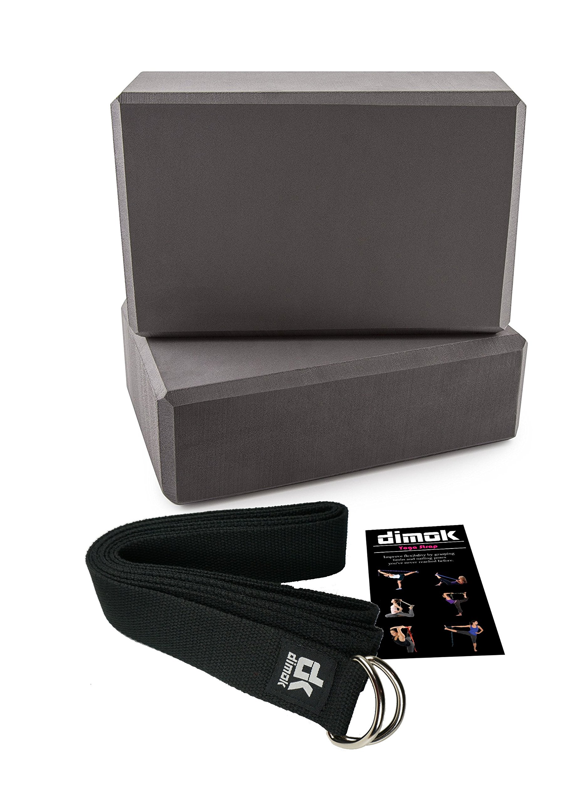 dimok Yoga Blocks and Strap Set - Foam Bricks 9x6x4 and 8FT Yoga Belt Metal D-Ring - High