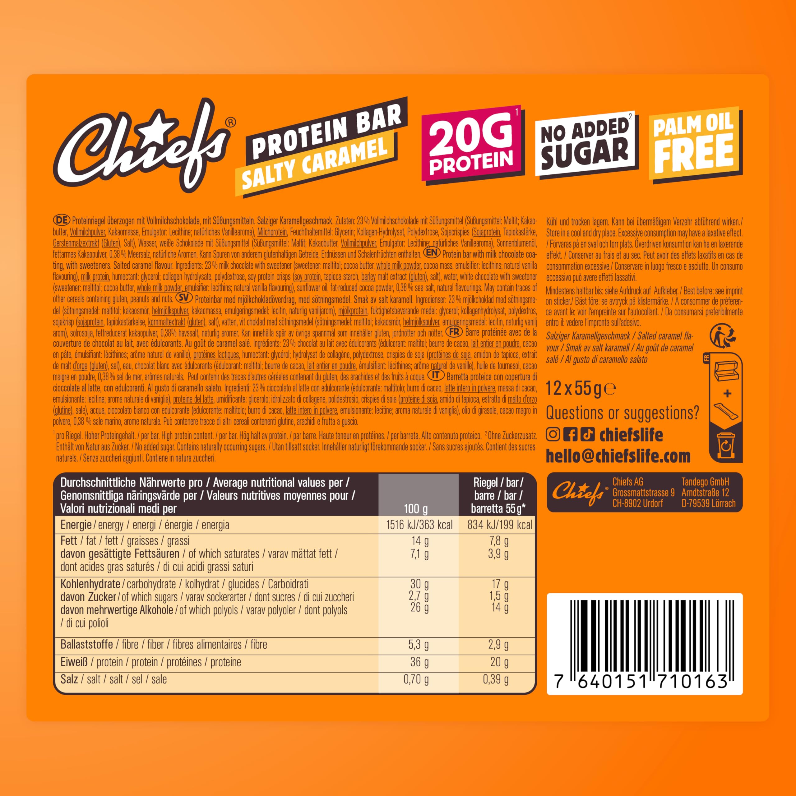 Chiefs Protein Bar (Salty Caramel) • Barre protéinée premium avec 20g de protéines & 214 kcal par barre • Sans sucre ajouté • Barre protéinée low sugar • Goût de Salty Caramel • Pack de 12 (12 x 55g)