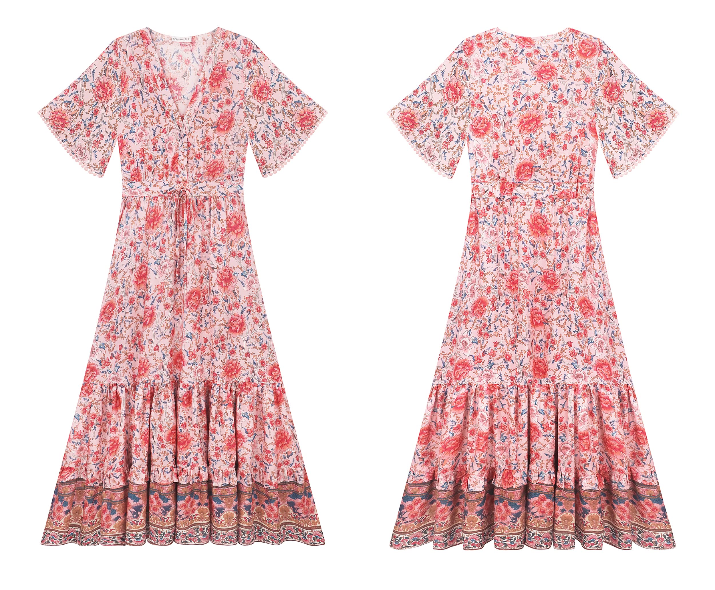 R.Vivimos Femmes D'été Cou en V Bouton à Manches Courtes Robe Bohème Fleur Longue Robe A Ligne Volants Longue Plage Robe