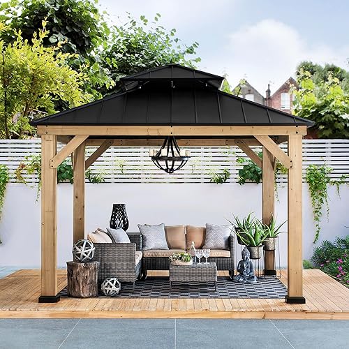 Miniatura 2 de Sunjoy Bridgeport 11 x 11 pies. Gazebo de madera con marco de cedro para patio al aire libre con techo rígido de acero doble negro para jardín,