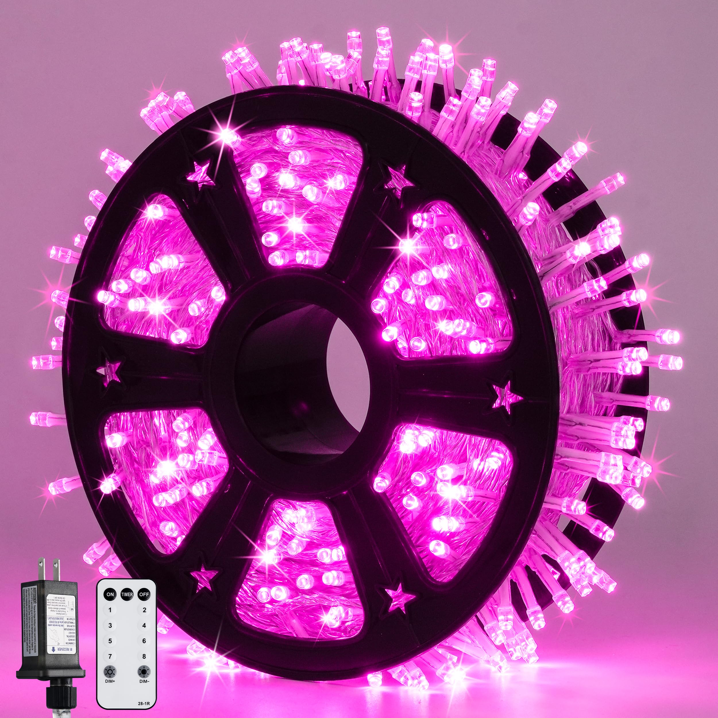 JMEXSUSS Pink Christmas String Lights 600 LED 168ft Remote Timer Clear Wire Pink Fairy Lights for Romantic Dinner Bedroom Tree Outdoor Patio Wedding Party Christmas Room Decor