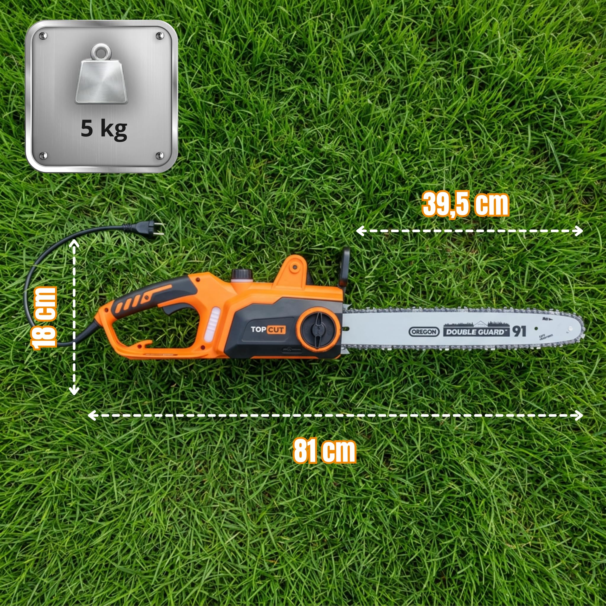 TOP CUT TC-CE-2400-O | Elektro-Kettensäge 2400W | Professionelles OREGON Schwert 40cm (16 Zoll) | Werkzeugloses SDS Kettenspannsystem Automatische Schmierung Kettenbremse 0.09s | Elektrische Säge