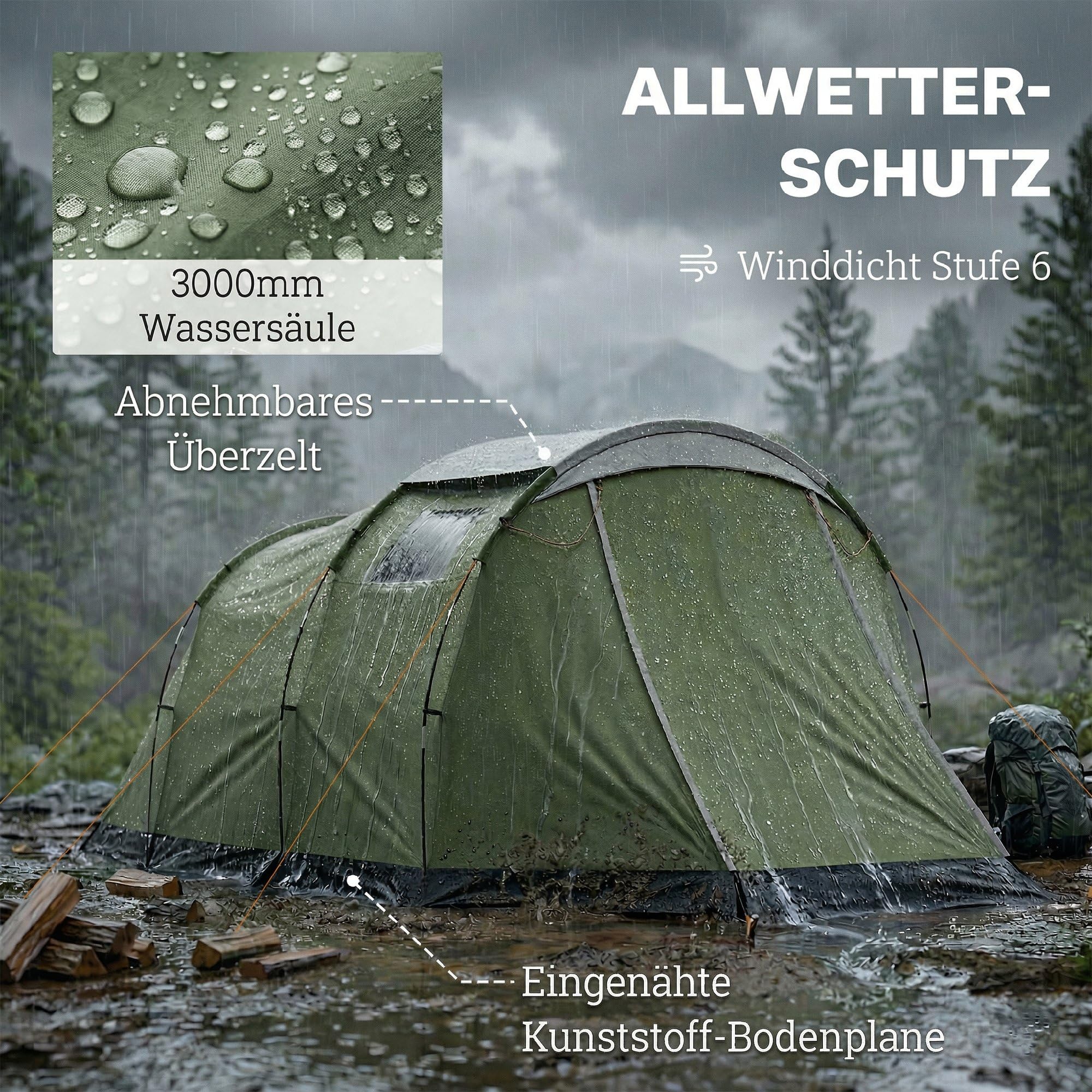 Outsunny Campingzelt für 3-4 Personen stabil wasserdicht Familienzelt mit Schlafkabine Vorraum Wohnbereich Kuppelzelt mit 3000mm Wassersäule Tunnelzelt Zelt für Camping Reise, Grün
