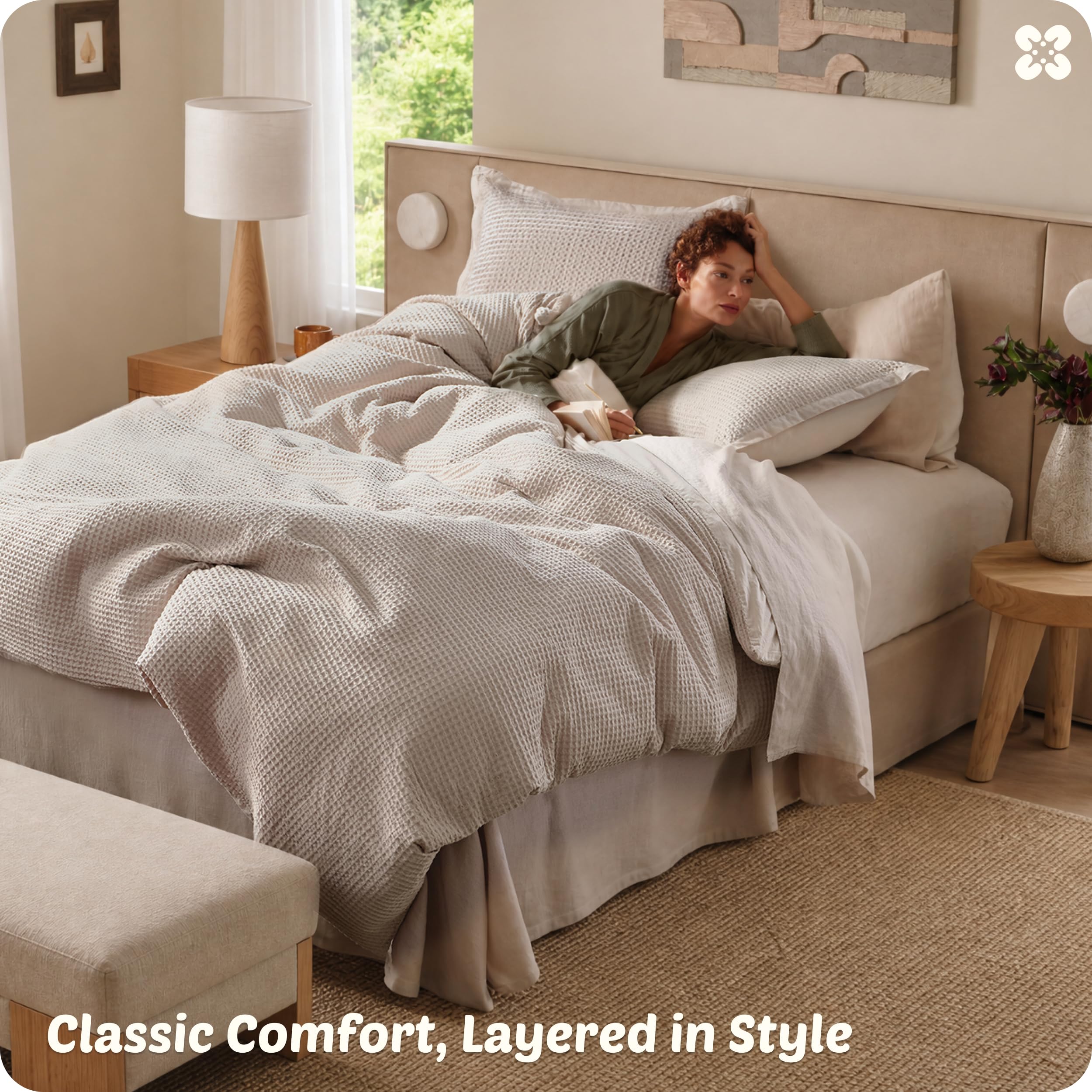 Bedsure PureWoven 3 Pieces 100% Cotton Waffle Duvet Cover Set, Queen, Linen — product photo