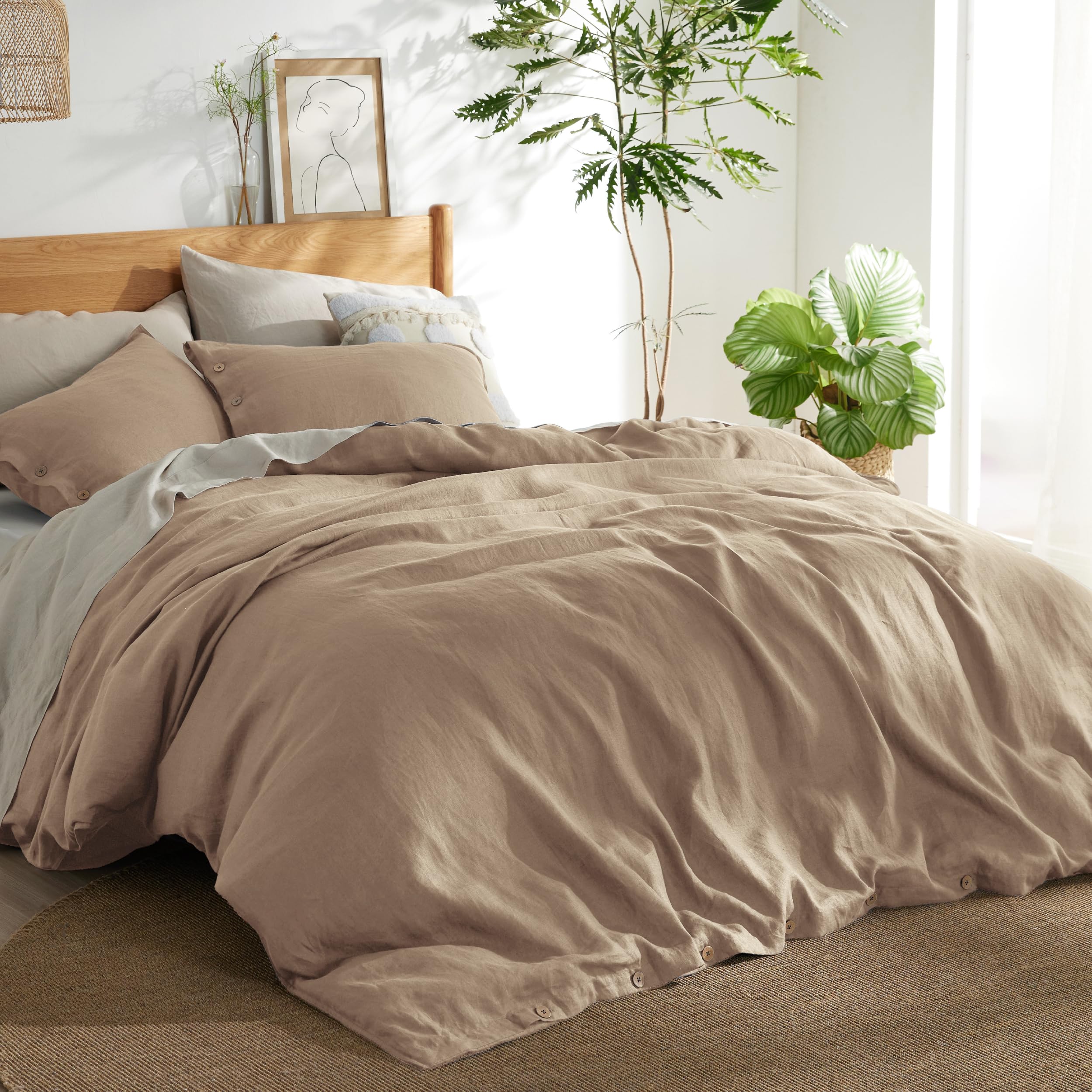 Bedsure Linen Duvet Cover King Size - Linen Cotton Blend Bedding Set, Soft & Cozy, 3 Pieces, 1 Duvet Cover 104x90 Inches and 2 Pillowcases, Brown Color Cooling Bedding, Comforter Sold Separately