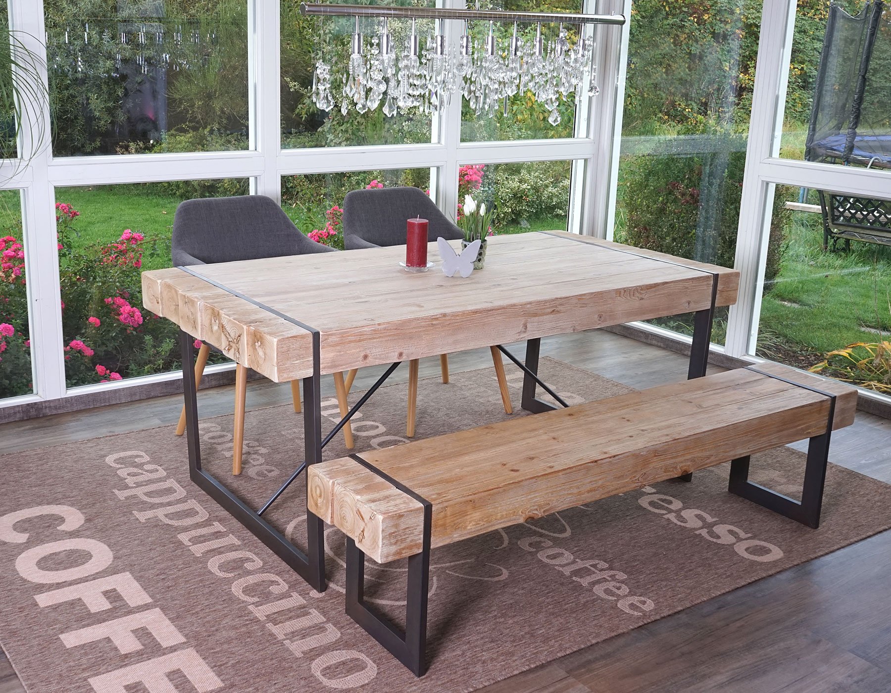 Mendler Comedor HWC Cortex-A15, Comedor + 2 x Asiento Banco, Madera Maciza, Abeto rústico