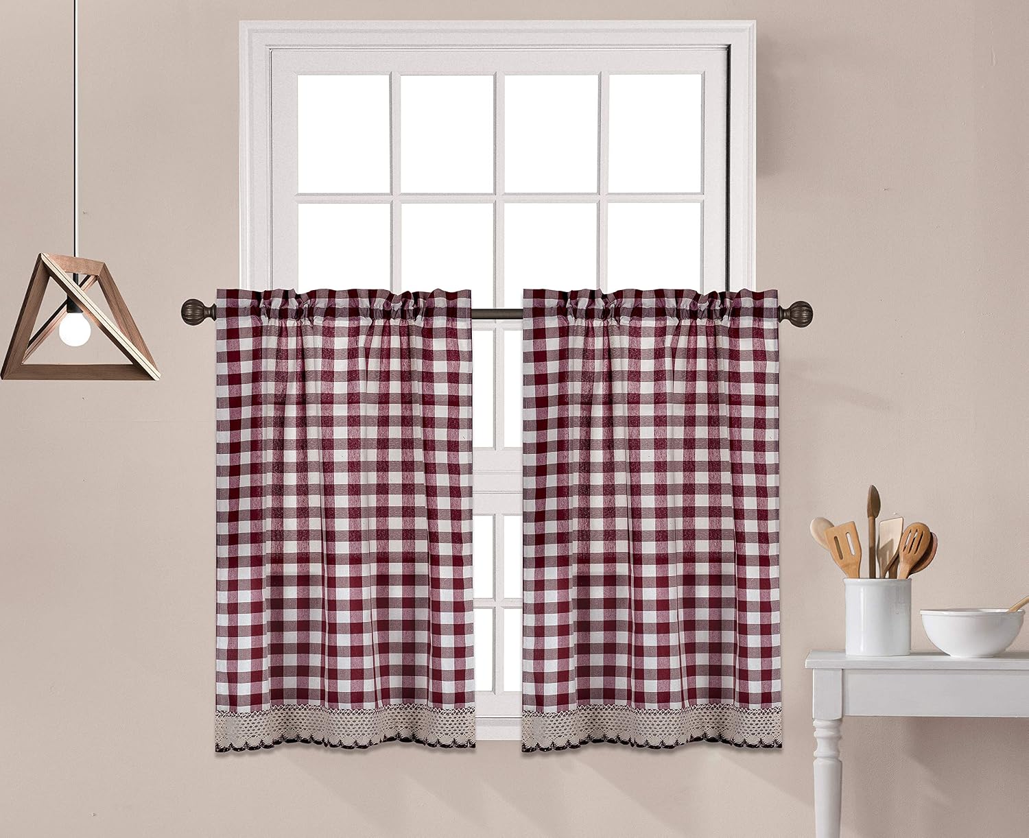 Decotex 2 Piece Buffalo Check Plaid Gingham Crochet Lace Trimmed Window Curtain Tier Panel Set (29" W X 24" L, Sage/Beige)