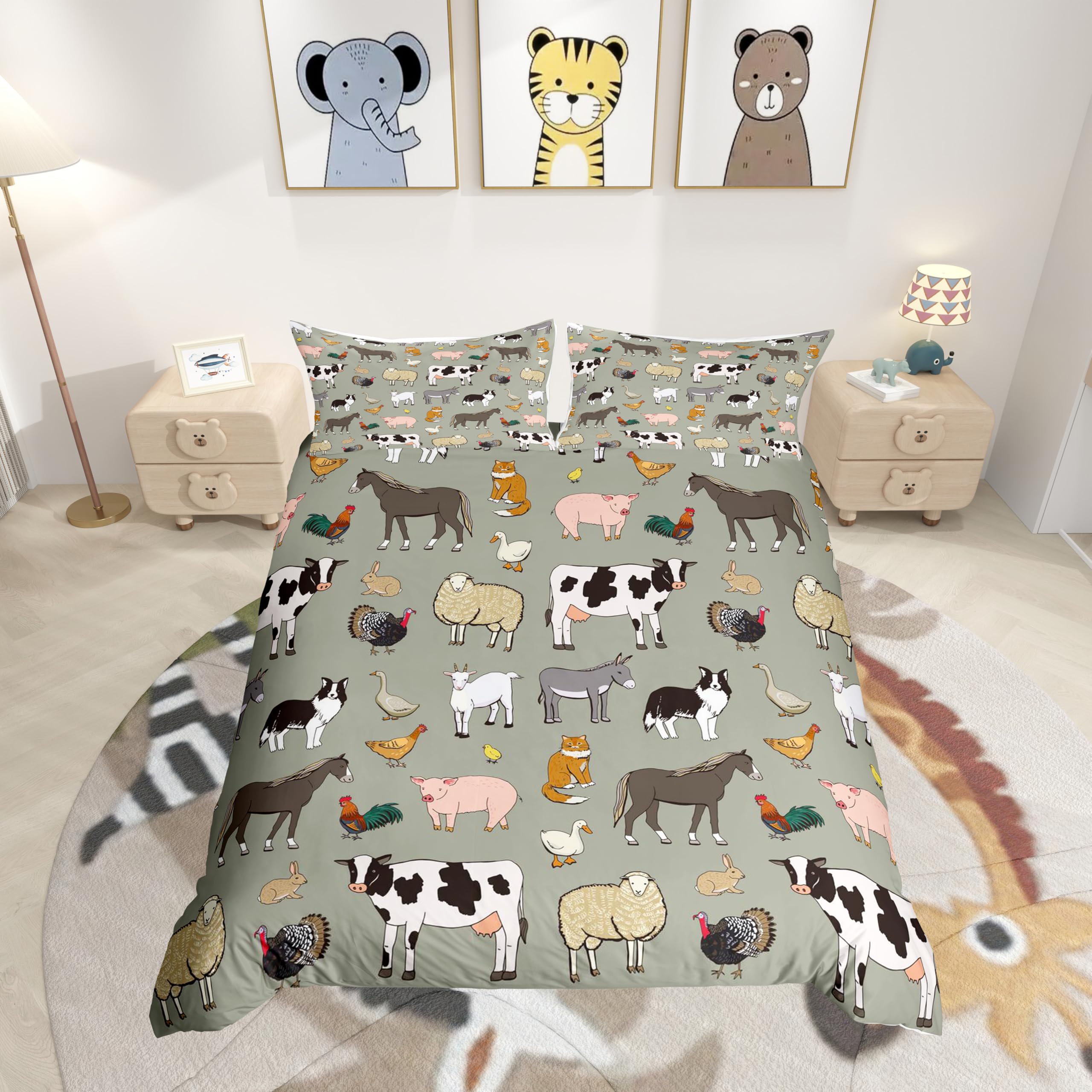 Homemissing Kuh Bettbezug Set Karikatur Katze Hund Pferd Bettwäsche Set 135x200cm für Kinder Jungen Mädchen Zimmer Bauernhof Tier Sammlung Dekor Betten Set Bauernhaus Stil 2St Reißverschluss