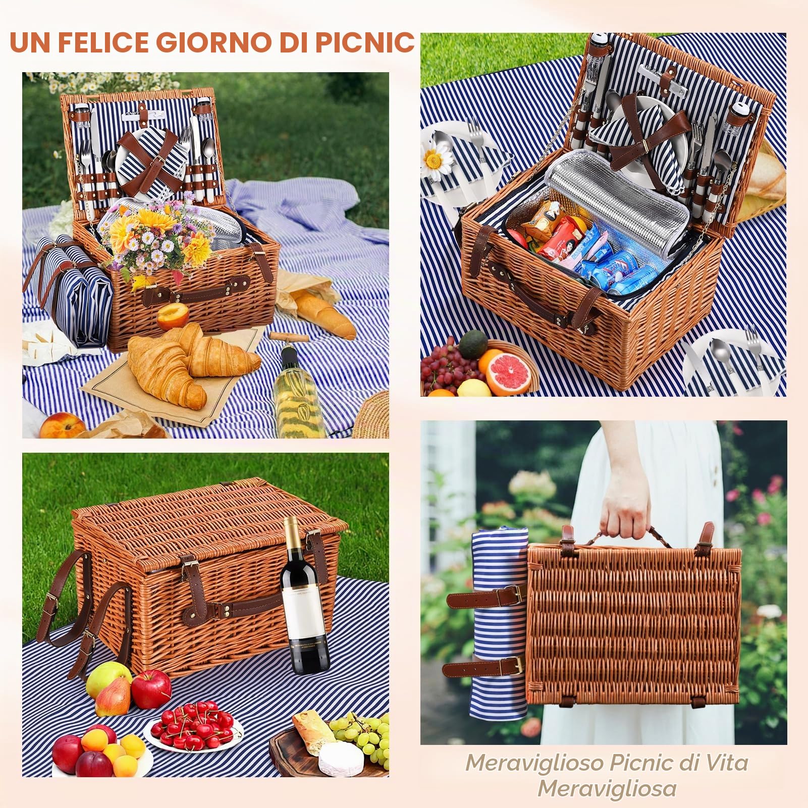 Cestino da Picnic in Vimini per 4 Persone, Cesto Picnic con Scomparto Termico, Coperta Impermeabile, Piatti, Bicchieri, Posate, per Campeggio, Festa all'Aperto, Spiaggia, Escursioni, Blu