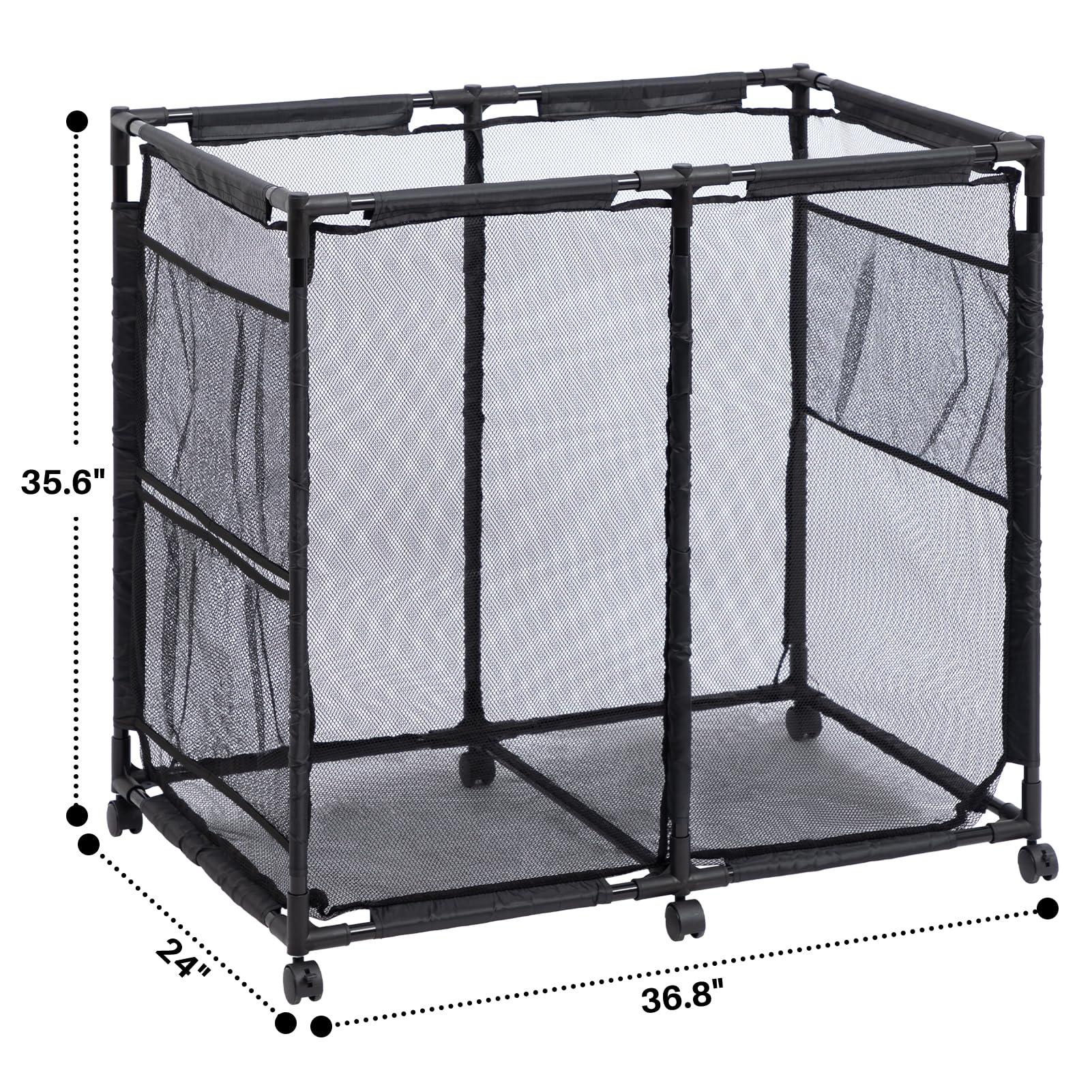 ALIMORDEN Pool Storage Bin, Rolling Mesh Basket Organizer, Metal Frame Container Holder for Swimming Balls, Floats, Toys and Beach Towels, Black(36.8"x35.6"x24")