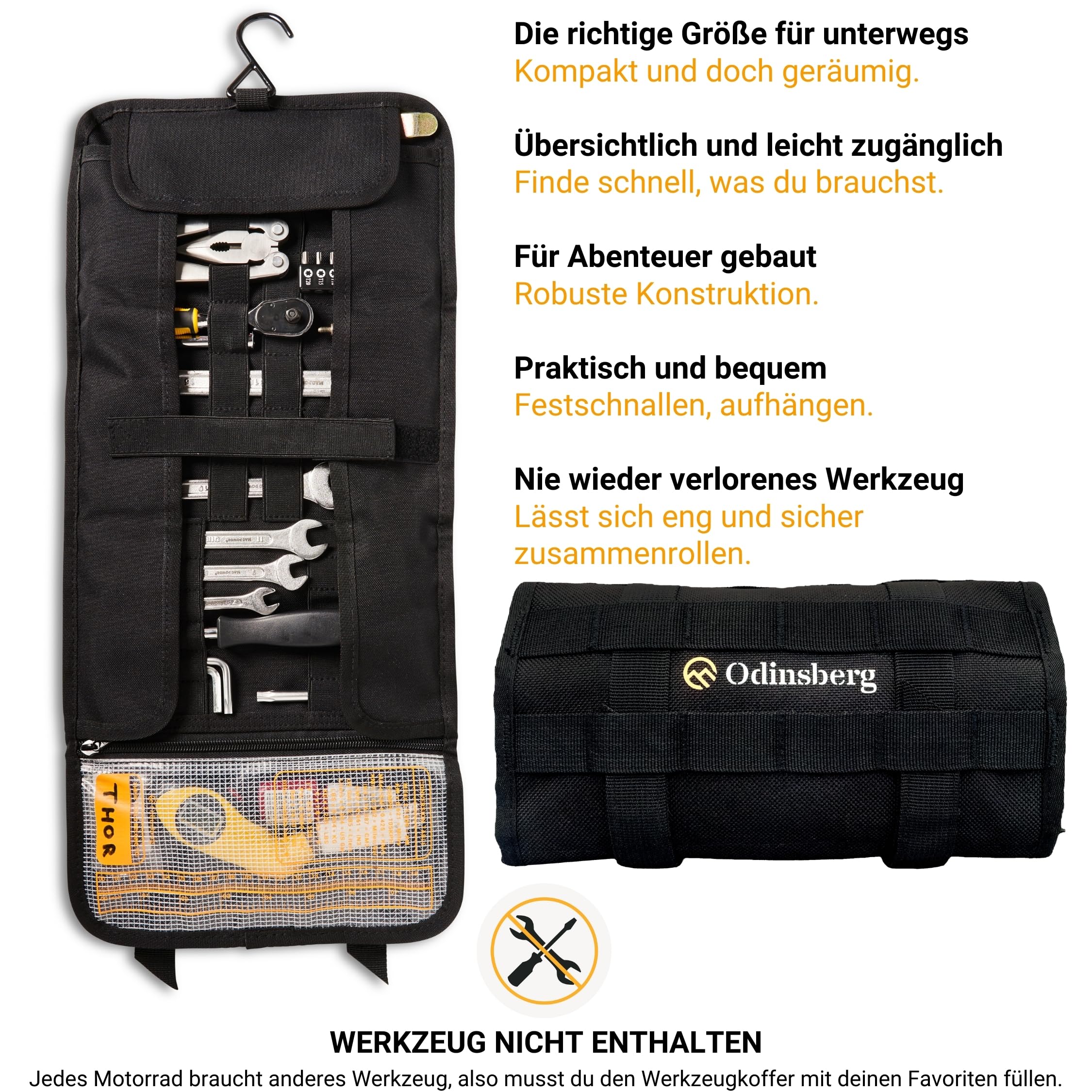 Odinsberg Heavy Duty Tool Roll Werkzeugrolle für Motorrad - Werkzeugtasche ohne Inhalt mit Taktischem MOLLE System, 56 elastische Schleifen und Innentasche, um Ihre Werkzeugmappe zu verwalten