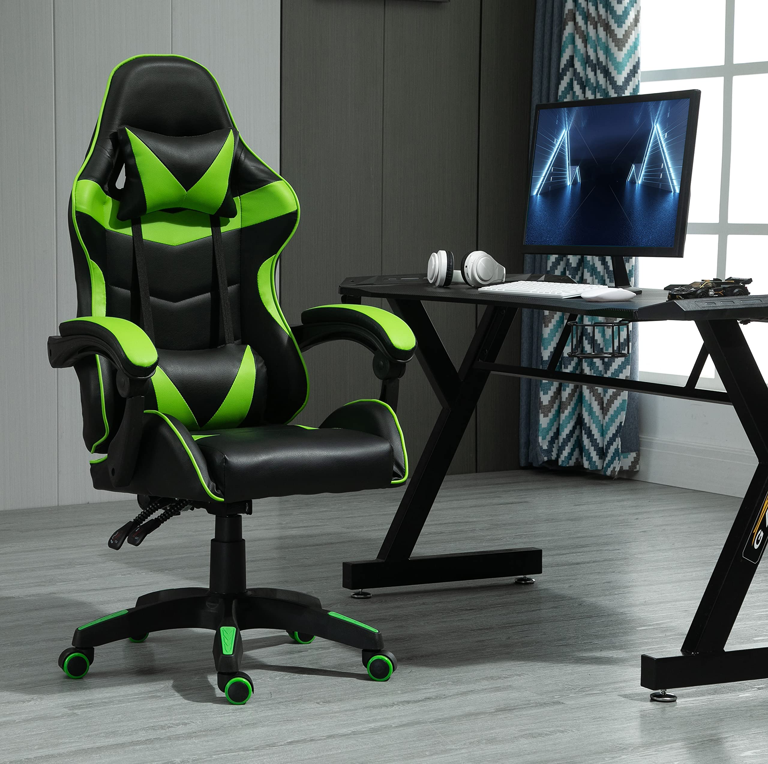 mcc direct Swivel Faux Leather Office Chair Racing Sports Gaming Tilt Computer Desk Chair with Headrest & Lumbar Cushion A (Green)