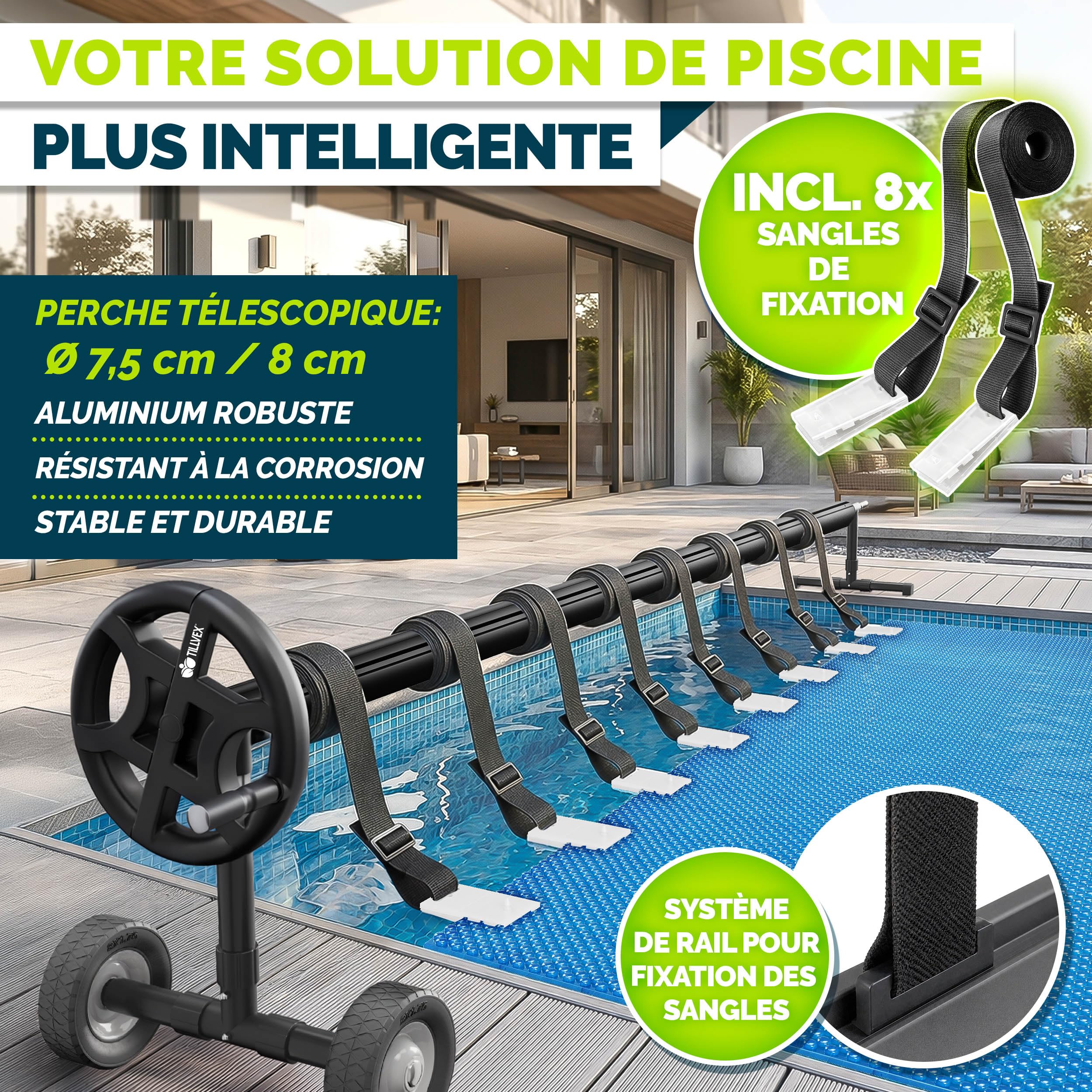 tillvex Enrouleur de Piscine 3-5,70 m avec pneus Pleins Thermomètre & Pattes de Fixation | Système d'enroulement pour bâche Solaire | Dispositif de déroulement pour bâche et Couverture de Piscine