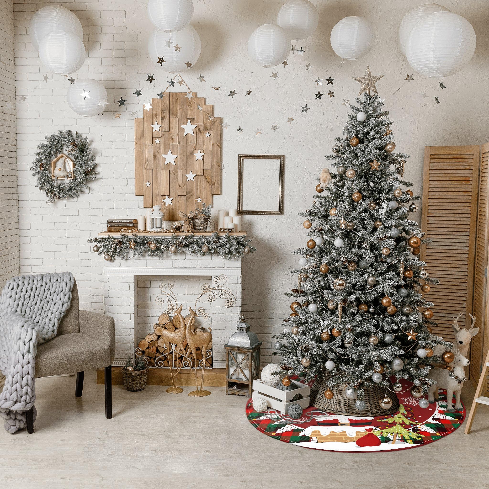 Snowflake Print Christmas Tree Skirt Set – 47 Inch Tree Skirt & Stocking Holiday Decor