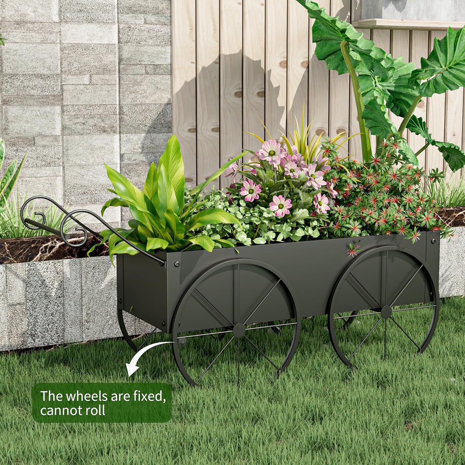 Metal Raised Garden Bed with Wagon Wheels, Small Planter Raised Beds, Outdoor Planter Box for Flowers Herbs, Vegetables, Decorative Flower Cart for Patio, Balcony (Black)
