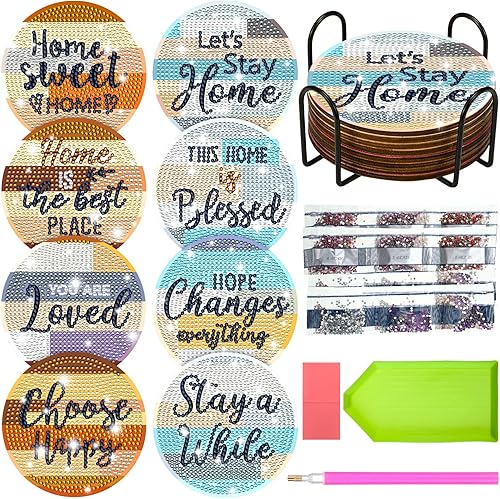 Juego de 8 posavasos rústicos de pintura de diamantes de granja para bricolaje vida rural posavasos de pintura de diamantes con soporte posavasos de