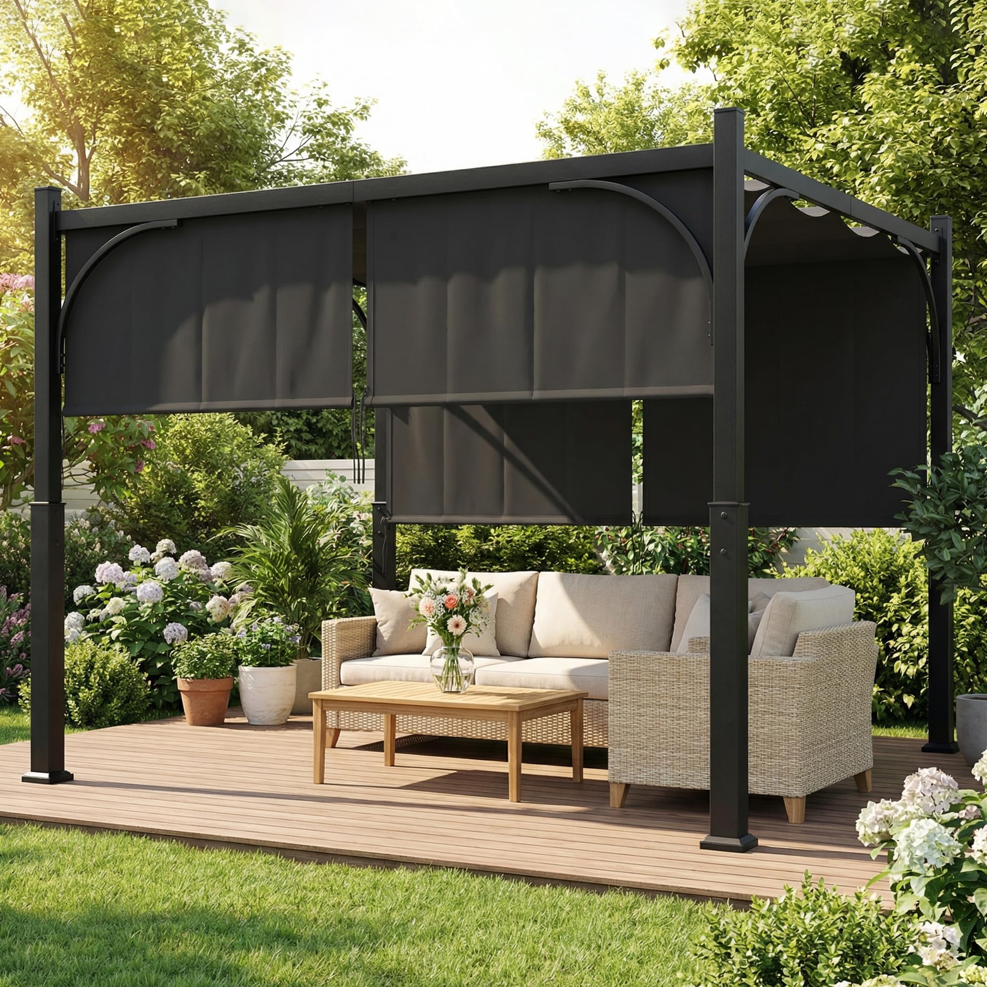 Outsunny - Pergola de jardín, 3 x 3 m, cenador de jardín, con toldo deslizante, estructura metálica, cobertizo solar exterior para terraza o balcón, color gris oscuro