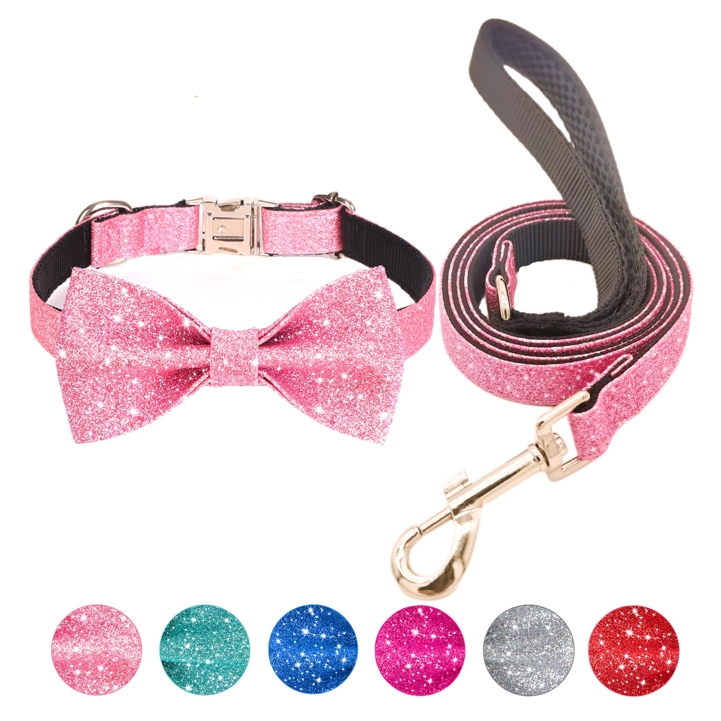 Jumpress Bling Bow Tie Dog Collar and Leash Set, Cute Pink Girl Dog Collar with 5ft Leash for Small Medium Dogs Daily Walking or Holiday Party (Neck