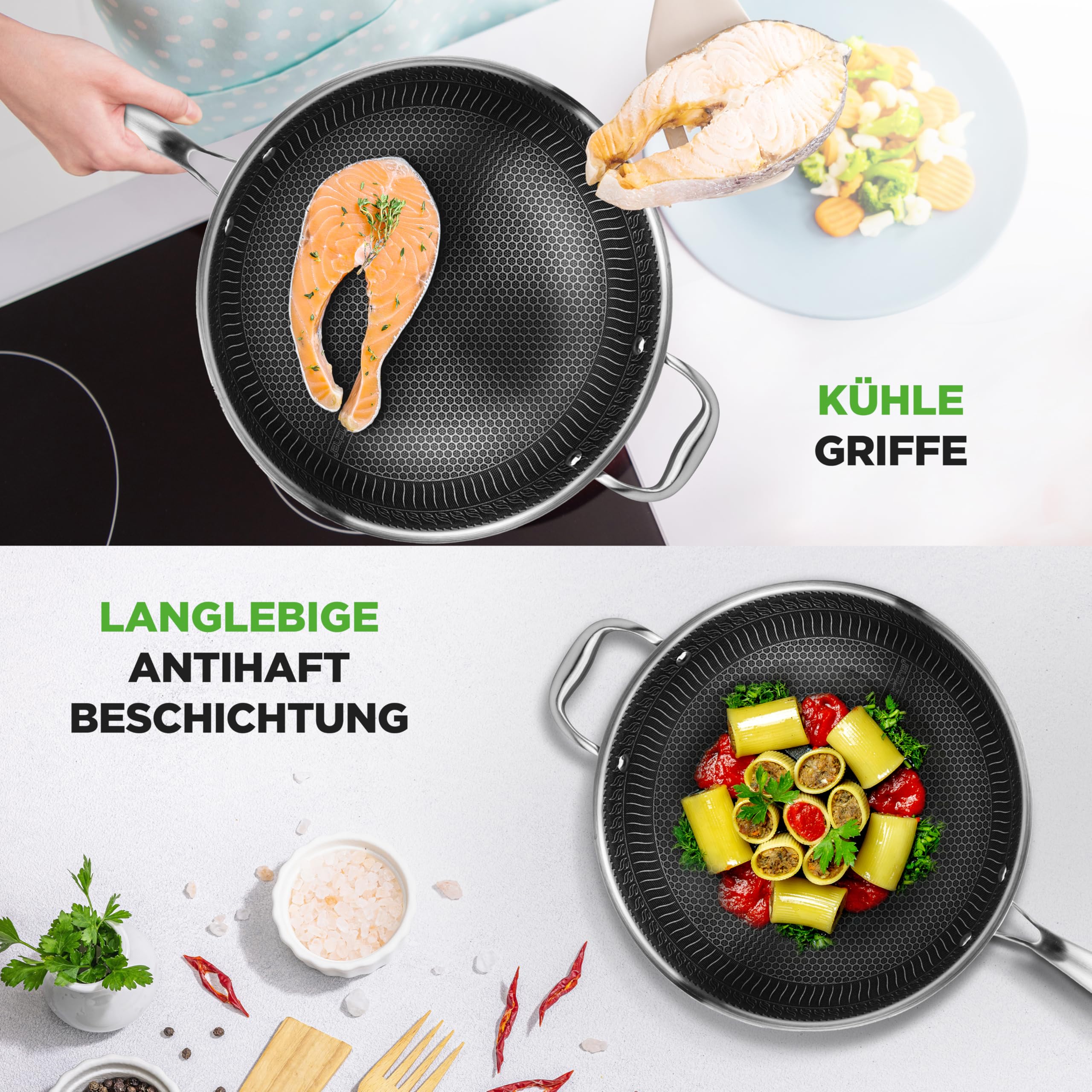 NutriChe Woklpfanne 31 cm mit Deckel – Antihaft pfanne Induktion Kratzfest spülmaschinengeeignet ofenfest und für Metallutensilien geeignet, Silver