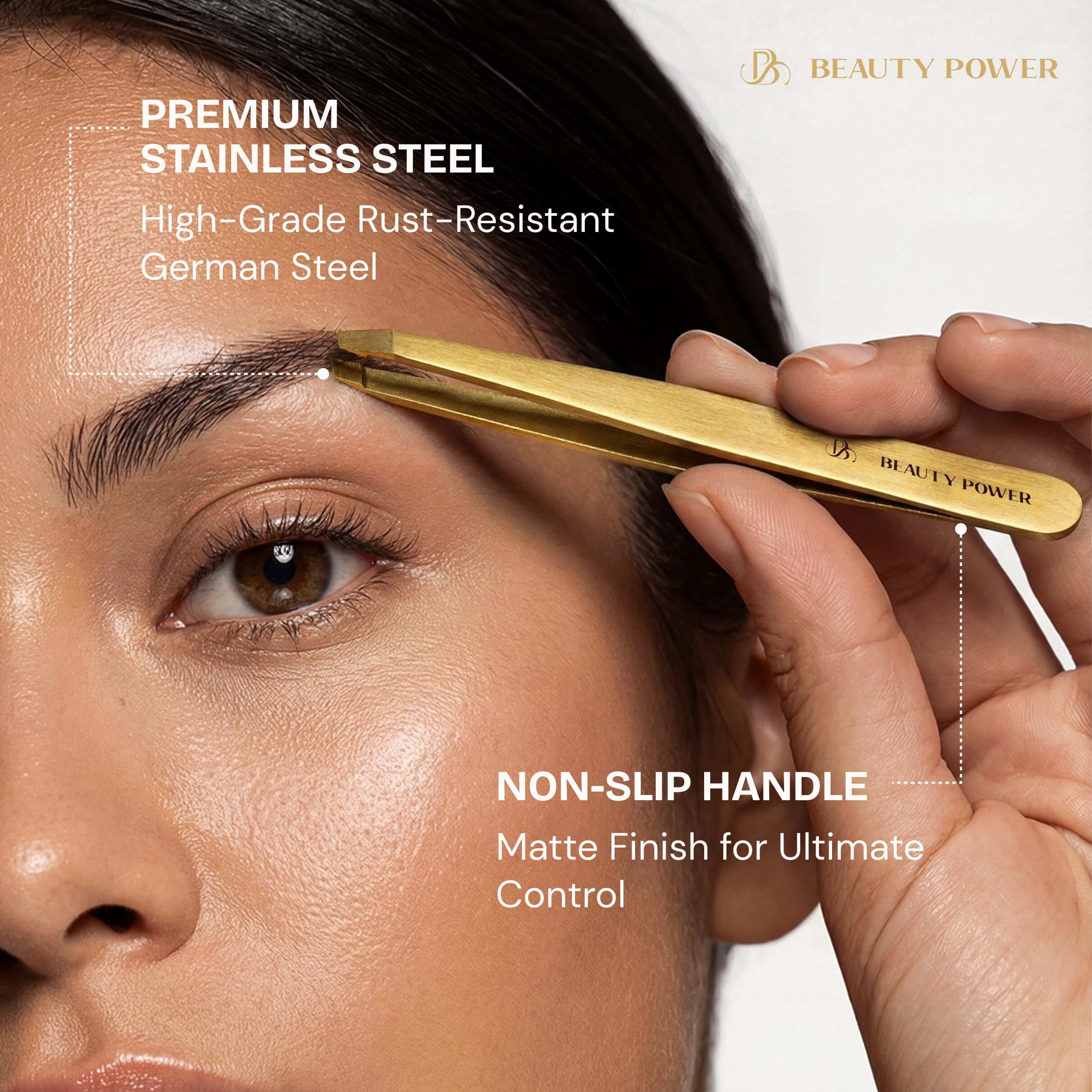 Beauty Power Profesjonalna pęseta, skośna, trwała, lekka niemiecka stal nierdzewna, ultra precyzyjna pęseta do usuwania brwi, zarostu, brody i wrastających włosów (matowe złoto)