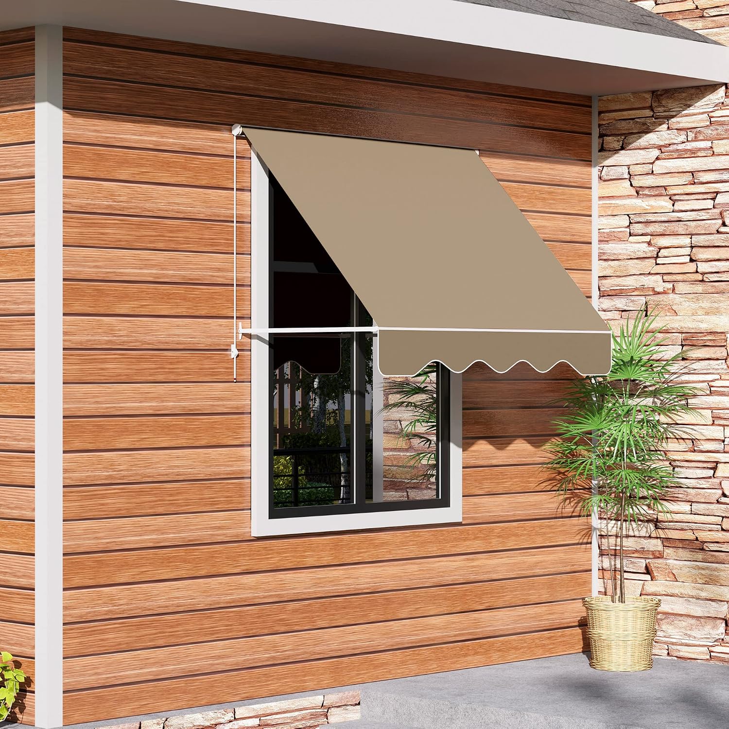 Outsunny 6' Drop Arm Manual Retractable Window Awning Sun Shade Shelter for Patio Balcony Outdoor, Aluminum, Cream White