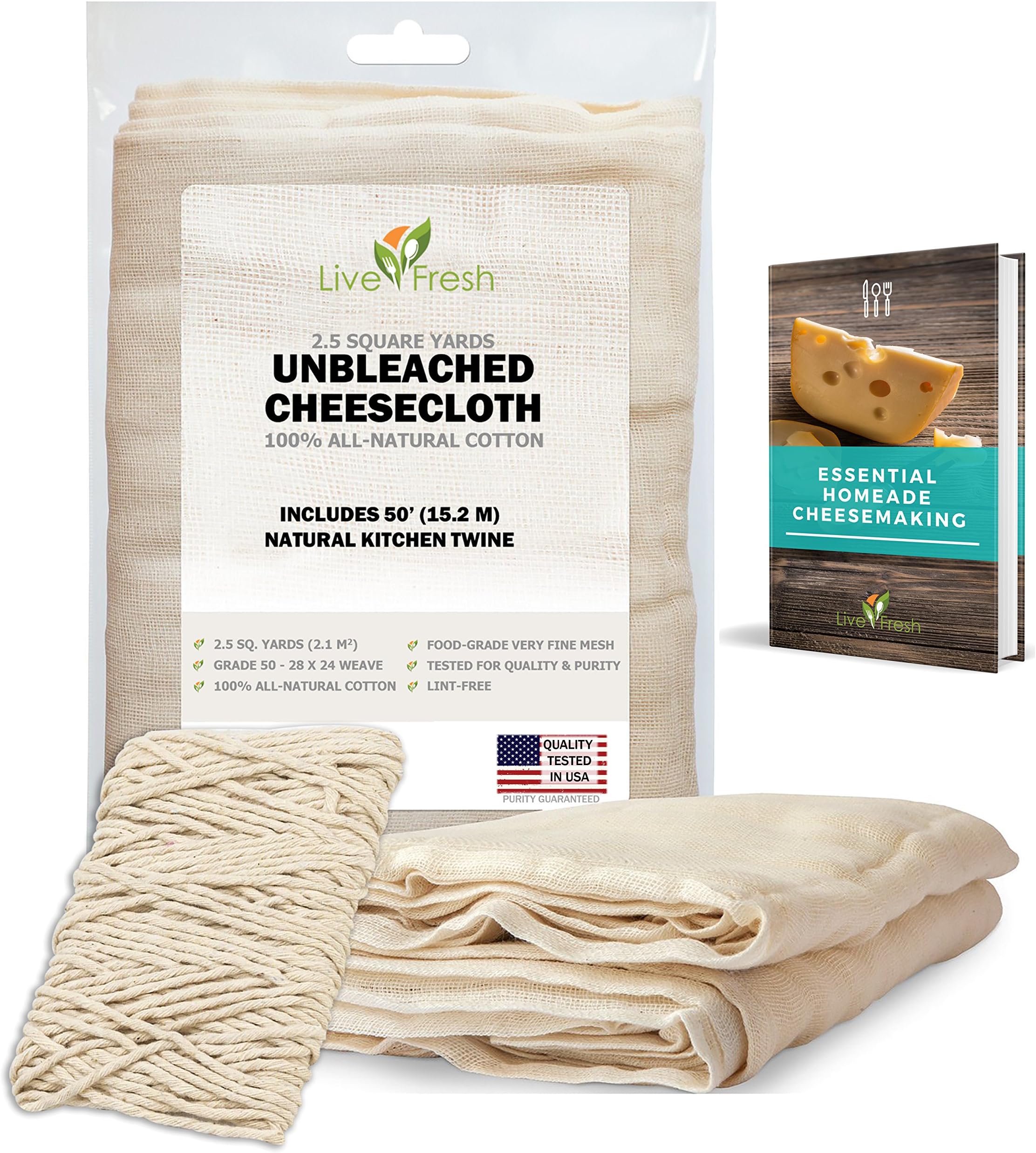 LiveFresh Unbleached Cheesecloth with 50' All-Natural Unbleached Cooking Twine and Cheesemaking Guide - Grade 50, 2.5 Yards