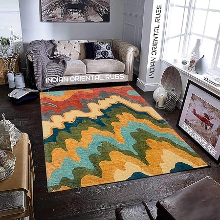 Buy INDIAN ORIENTAL RUGS Wave Design Hand Tufted Wool Carpet for Hall ...