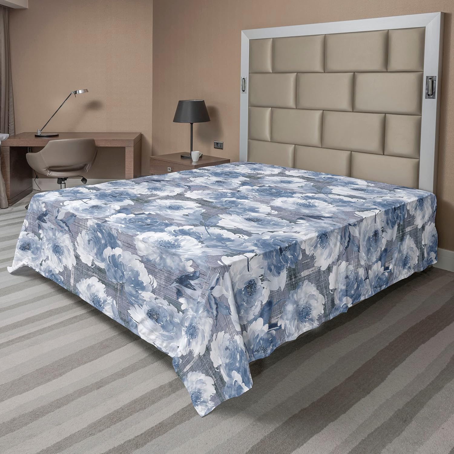 Ambesonne Birds Flat Sheet, Watercolor Art of Flying Swallow Silhouettes and Big Little Dots, Soft Comfortable Top Sheet Decorative Bedding 1 Piece, Queen Size, Petrol Blue Almond and Peach