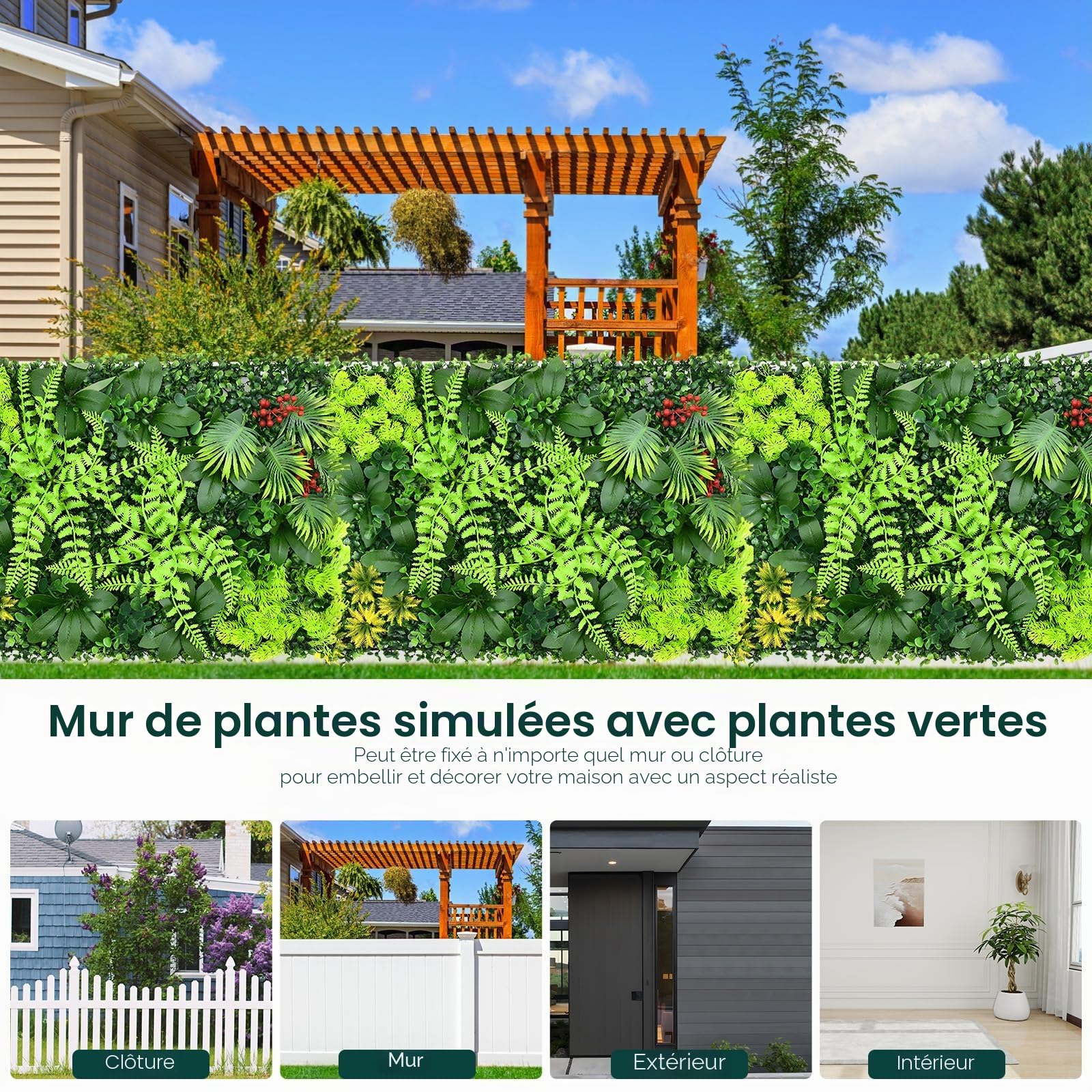 2 panneaux artificiels de mur vivant, panneaux muraux de plantes d'herbe 60x40 cm, panneaux de haie de protection de la vie privée verts pour mur vivant, clôture pour jardin à domicile, printemps