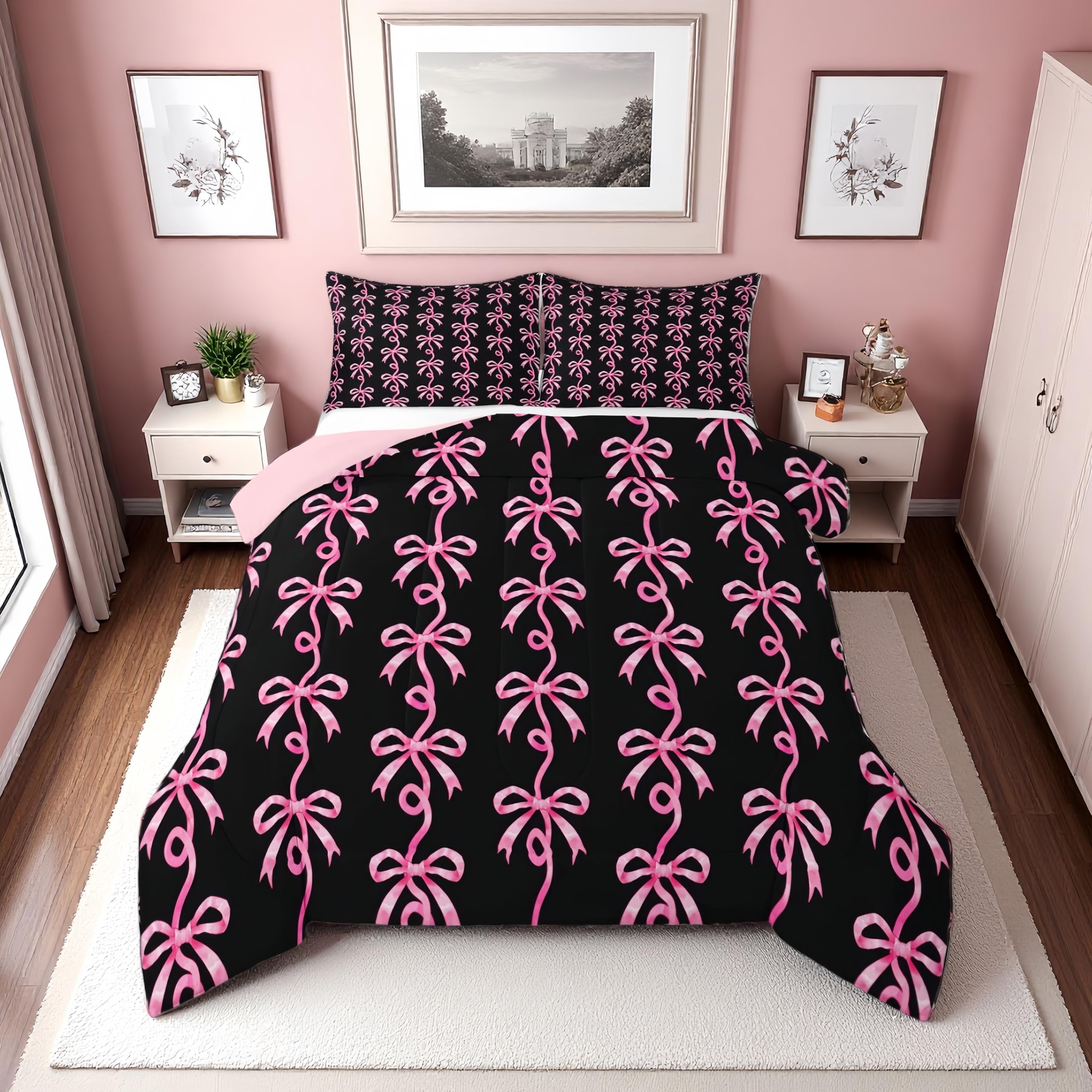 Erosebridal Pink and Black Bow King Bedding Set | Cute Coquette Bowtie Comforter Set for Girls Kids, Pink Ribbon Bow Tie Striped Quilt, Aesthetic Bows Bedroom Decor, 2 Pillowcases