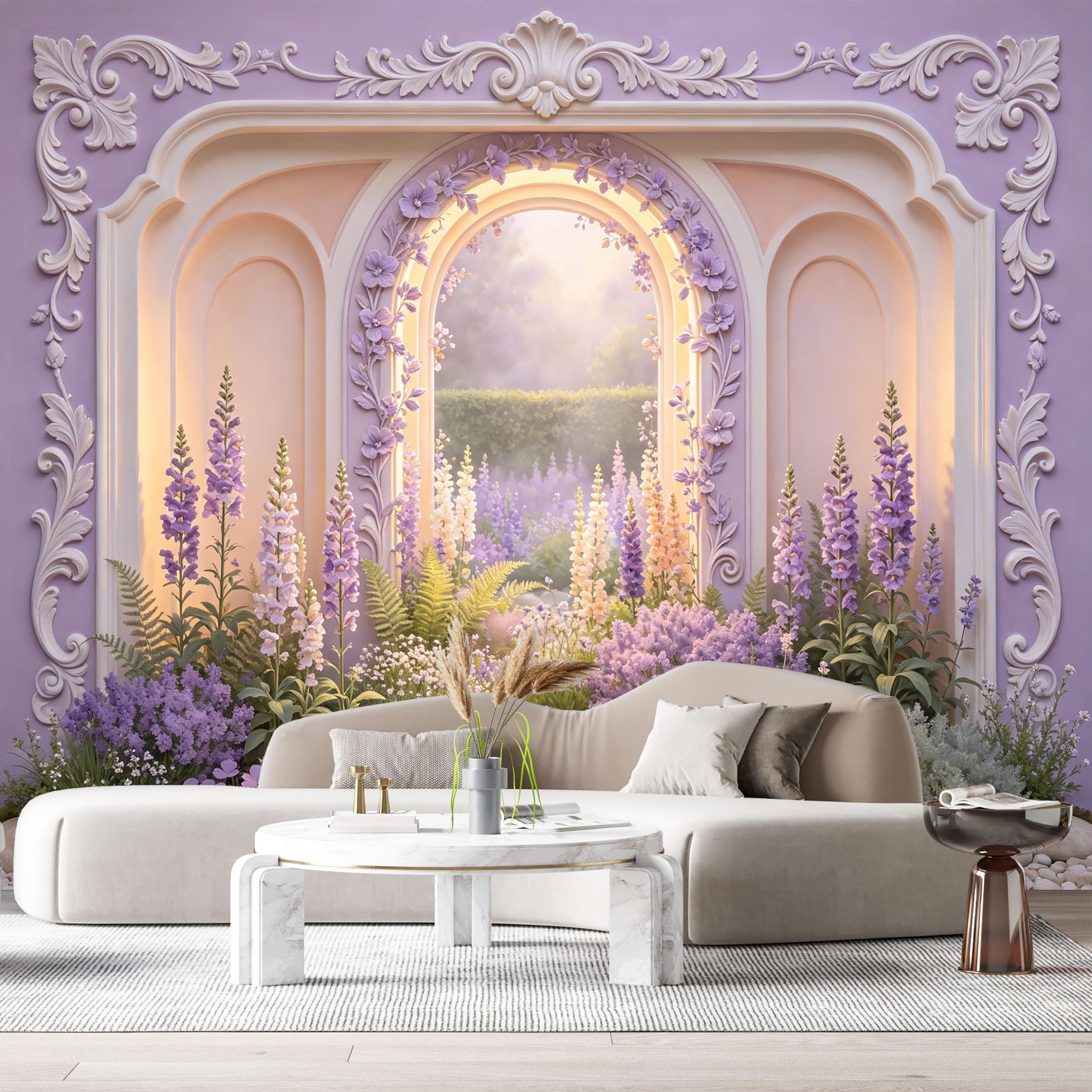 Custom Size Wall Murals Lavender Flower Archway Botanical Neoclassical 3D Trompe L'Oeil SelfAdhesiveWall Fabric Removable Wallpaper Wall Decor for Living Room Bedroom Bathroom