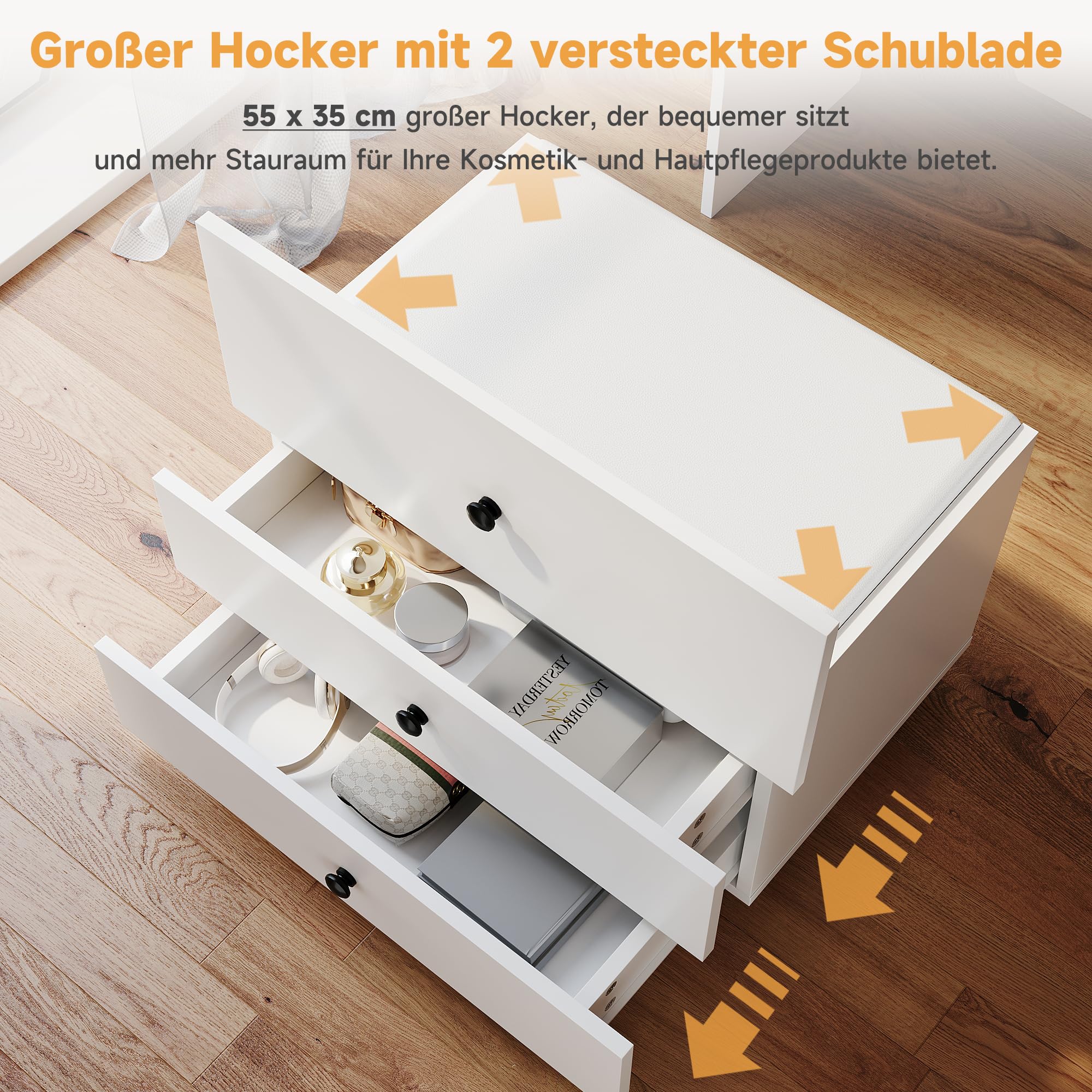 SONNI Schminktisch 3 in 1 mit Klappspiegel 4 Schubladen LED Weiß 60x45x83cm | Frisiertisch mit Sichtbarer Glasplatte, Hocker mit 4 Universalrollen, Kosmetiktisch für Schlafzimmer, Wohnung, Loft, Wohnheim