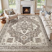Vintage Washable 10x14 Area Rug for Living Room, Brown | Soft Low Pile Rug with Non-Slip Backing, Stain Resistant for Bedroom or Dining Room, Kid & Pet Friendly