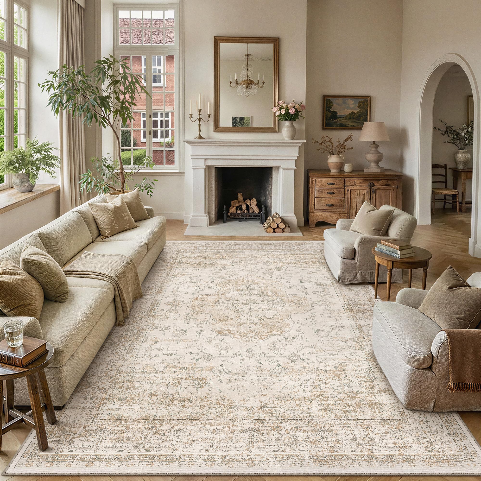PureCozy Vintage Beige Rugs Living Room Area Rug 140x200cm Bedroom Large Washable Non Slip Soft Carpet Bedroom Dining Room Office Kitchen Indoor Low Pile Carpets — image 1
