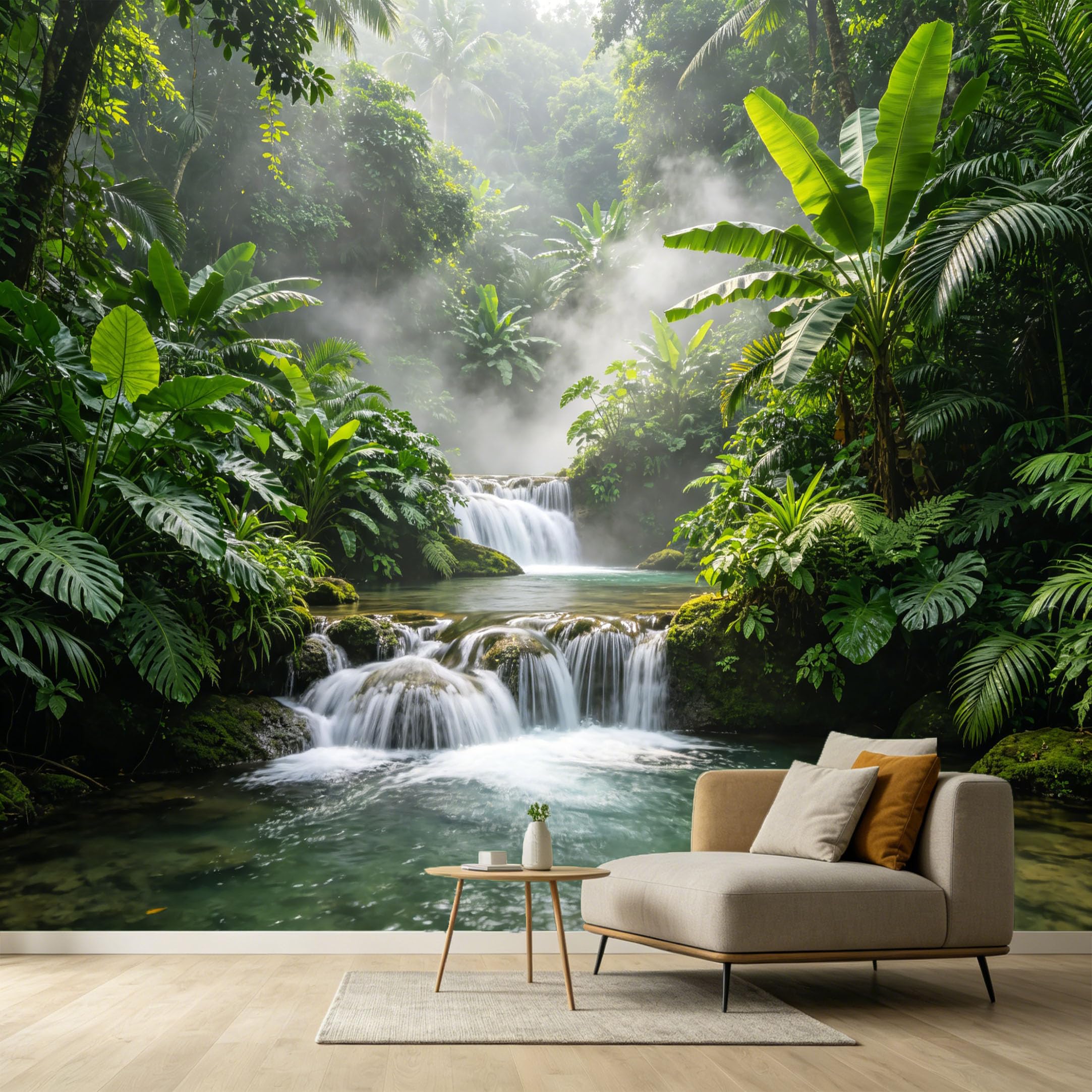 Custom Size Wall Murals Tropical Jungle Waterfall Landscape Botanical Rainforest Mist Stream SelfAdhesive Wall Fabric Removable Large Wallpaper for Photo Living Room