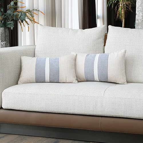 Miniatura 6 de BOYSUM Juego de 2 fundas de almohada de retazos de granja de 12 x 20 pulgadas, juego de 2 fundas de almohada decorativas beige y gris para sofá,
