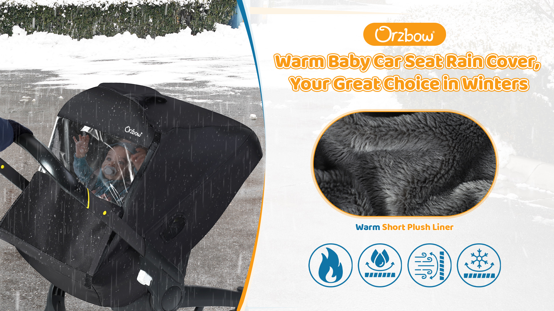 Orzbow Winter Baby Car Seat Cover With Front Zipper Door, Cold Weather Carseat Cover Canopy, Side Breathable, Rain, Snow And Wind Proof Car Seat Carrier Canopy Cover, Machine Washable, Light Grey