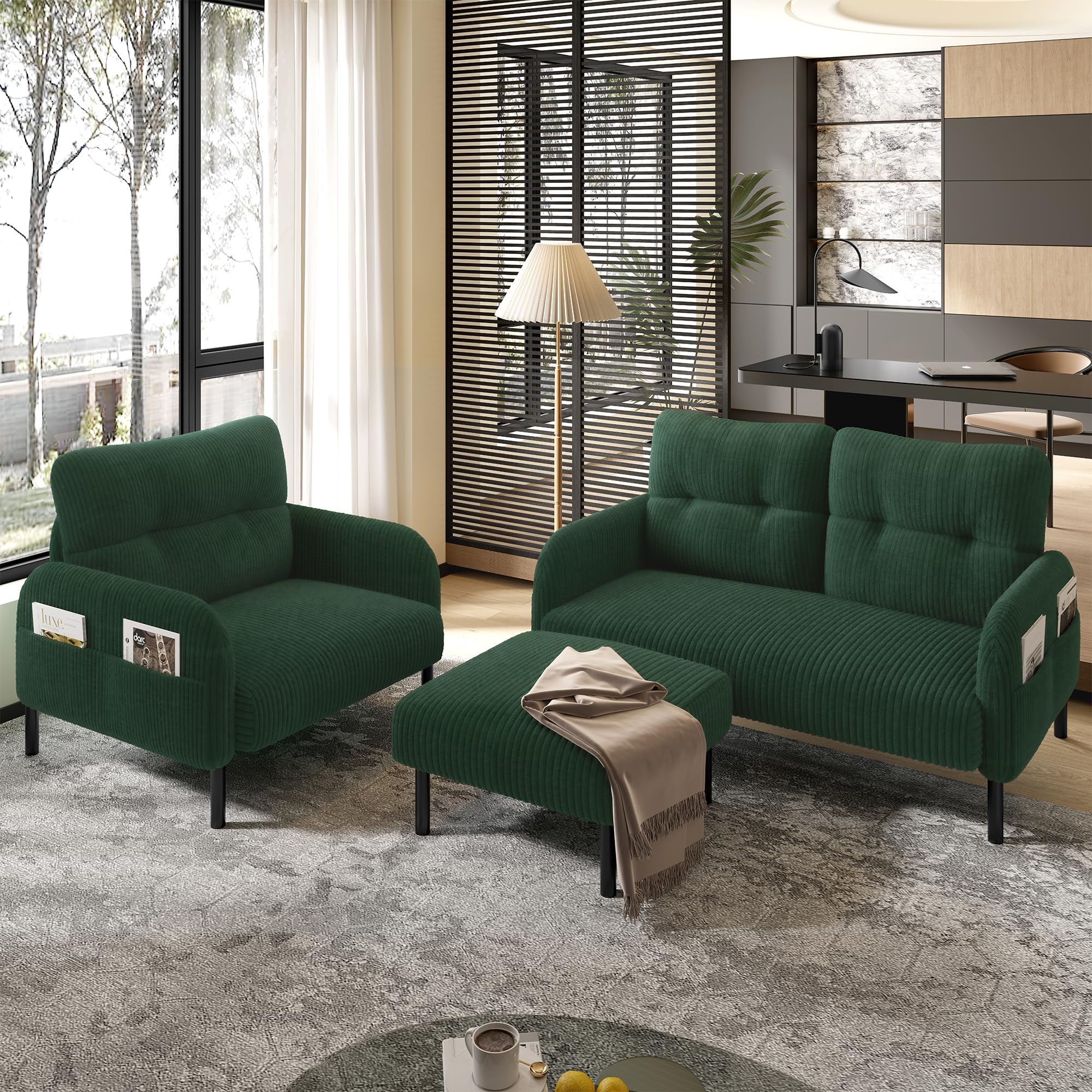 Cord Set di 3 poltrone+sgabello+divano a 2 posti con tasca laterale, struttura tubolare in acciaio e schienale extra morbido, seduta profonda, modulare, combinabile per soggiorno (verde