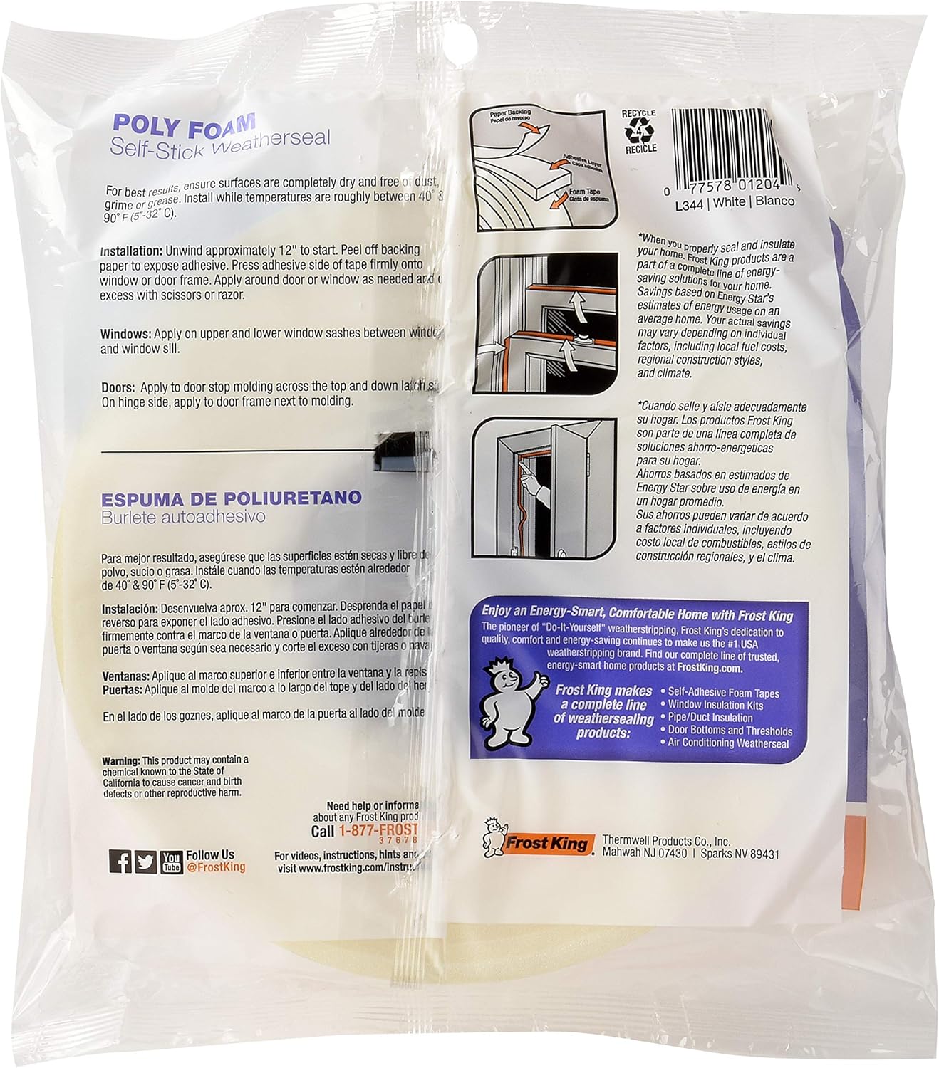 Frost King L344H Poly Foam Self-Stick Weatherseal Tape with Open Cell & Maximum Compression, White 1-1/2in Wide x 1/4in Thick x 17ft Long (Pack of 2)