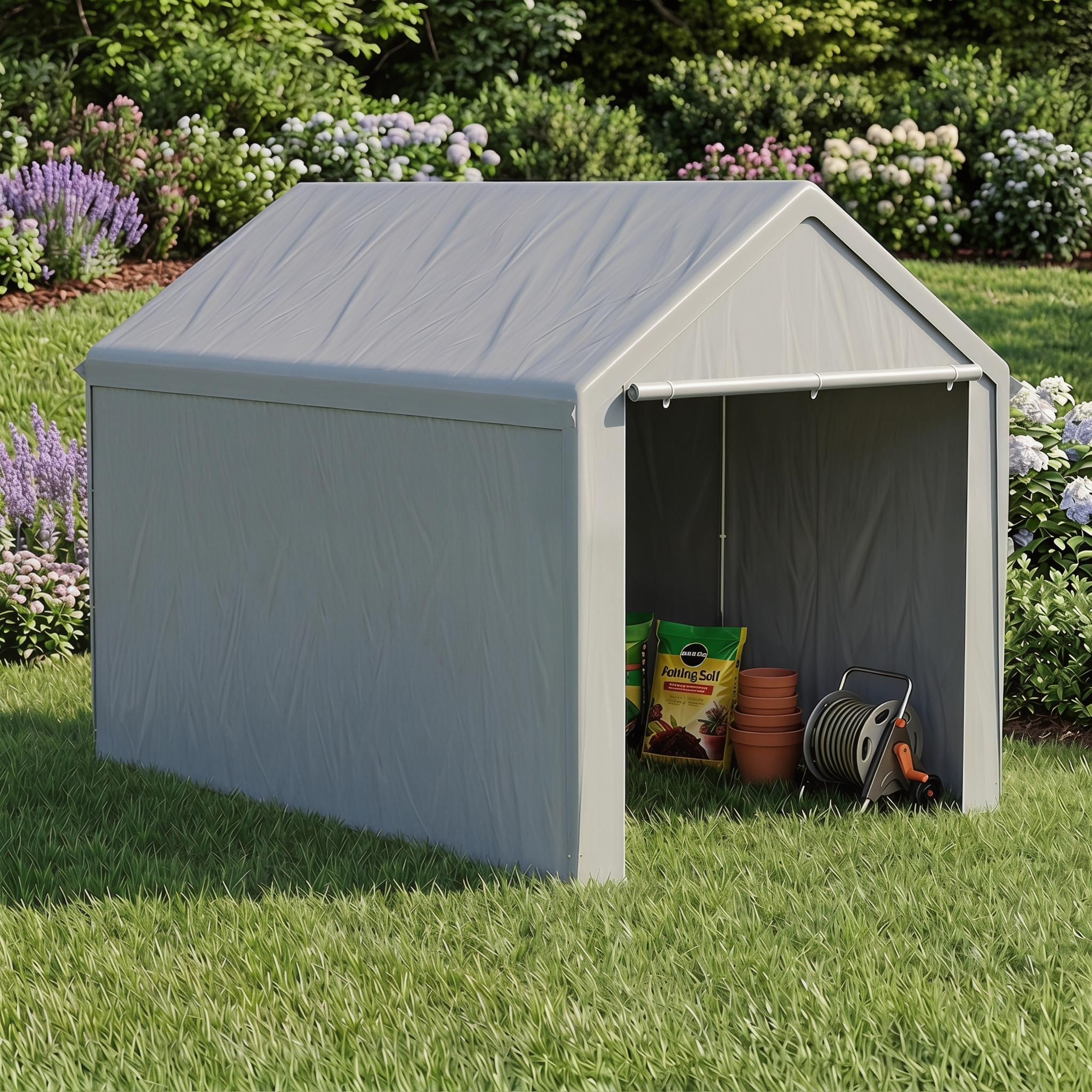 LARS360 Carport Storage Shed, 3m×4m Multi-Purpose Garden Carport Tent with Roll-Up Front Door, Waterproof Galvanised Frame Portable Garage Shelter for Tools, Vehicles, Boat & Outdoor Events, Grey