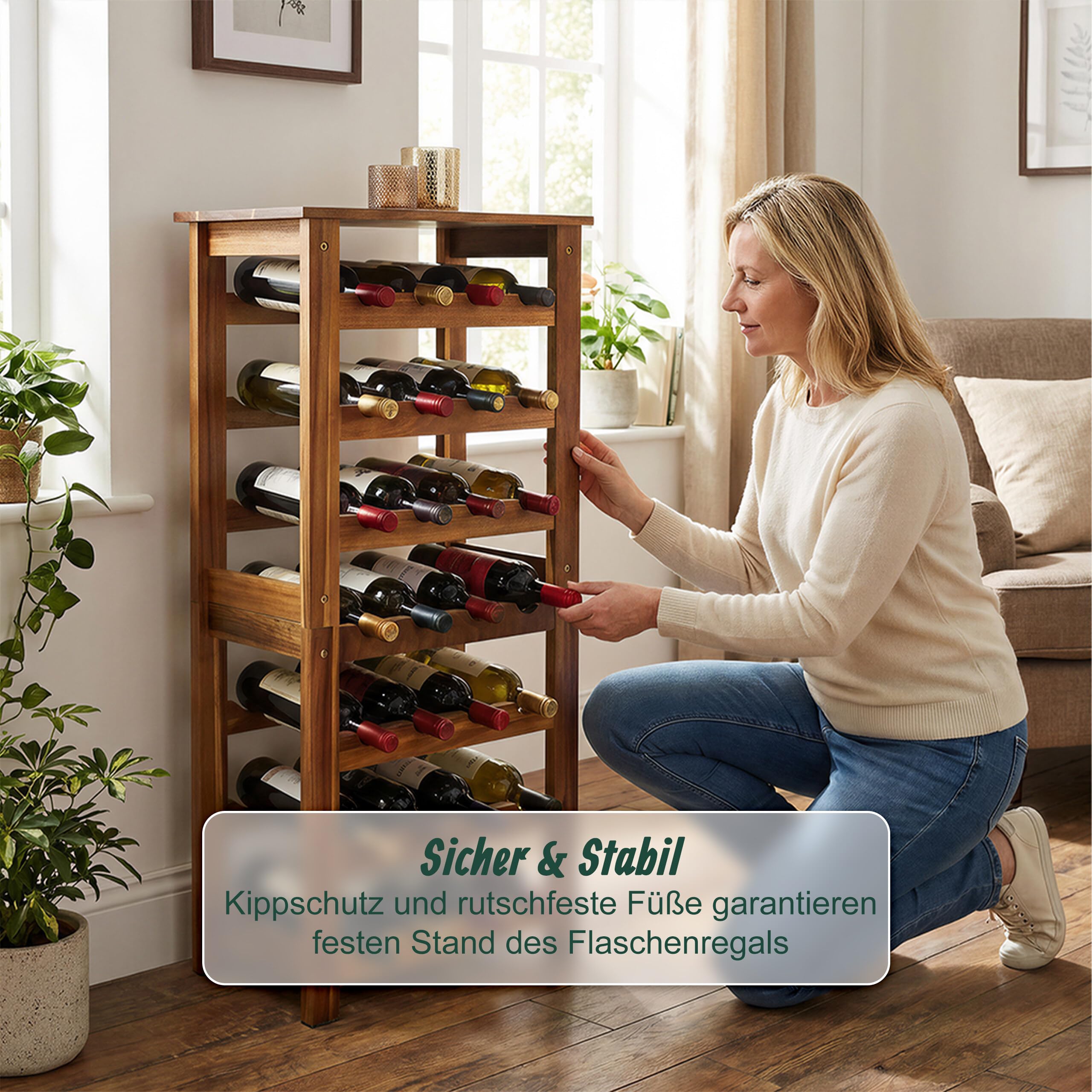 Relaxdays Weinregal, 28 Flaschen, Akazienholz, 91,5 x 43 x 22 cm, Weinhalter für Rot- & Weißwein, Flaschenregal, Natur