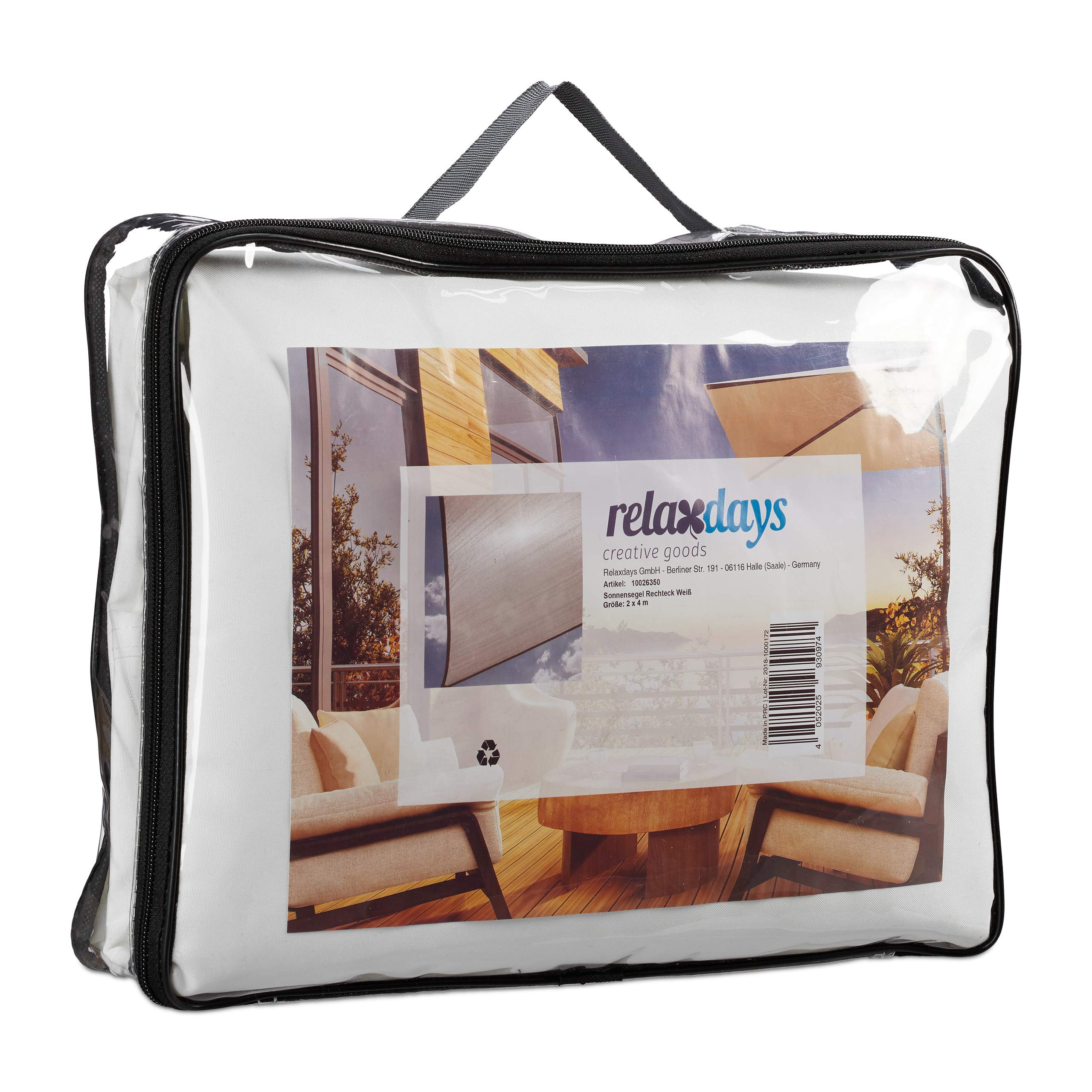 relaxdays Tenda a Vela Rettangolare, Idrorepellente, Anti UV, Corde di Supporto, Terrazza e Giardino, LxP: 2x4 m, Bianca