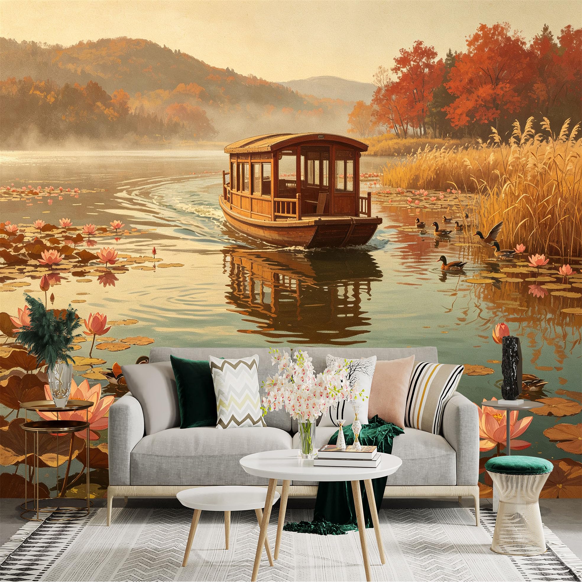 Custom Size Wall Sticker Mural， Wooden Boat on Misty Lake， Autumn Foliage and Blooming Lotus Flowers， for wall Decoration， peelandstick wall Decals.