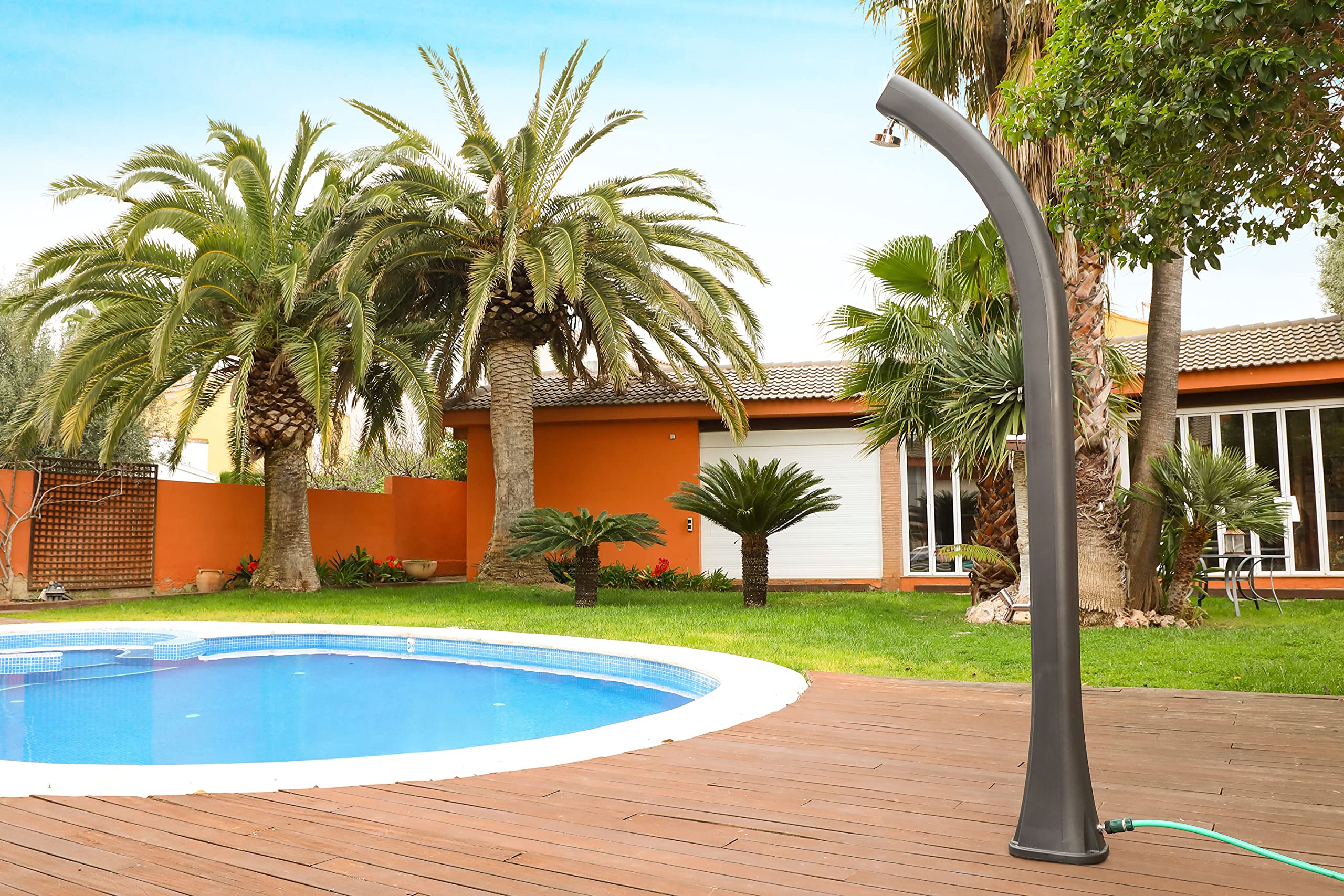 Ducha Solar Jardin con Agua Caliente. Piscina Exterior.20L de Deposito. Curva Negra. Acero Inoxidable. Patio
