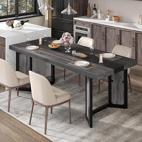 Vista 6 de Mesa de comedor industrial para 6-8 personas, mesa de cocina grande de madera larga de 71 pulgadas con marco de metal resistente y acabado marrón