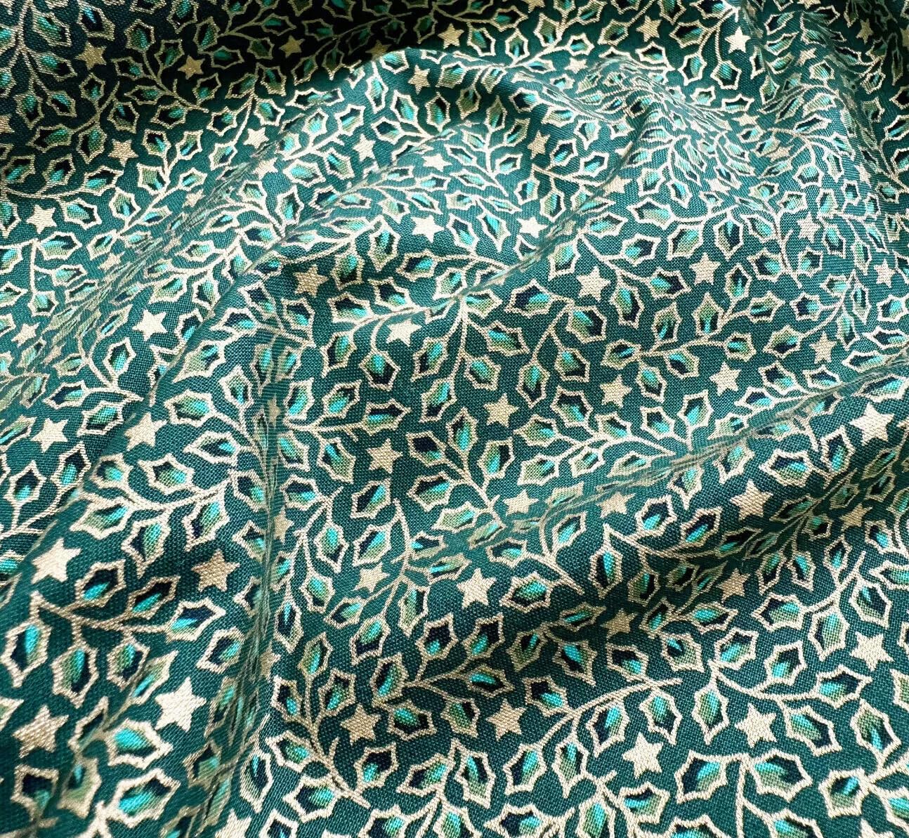 Glamour Secrets Green Christmas Fabric - Metallic Gold Holly Leaf & Star On Bottle - Cotton Craft Fabric Material