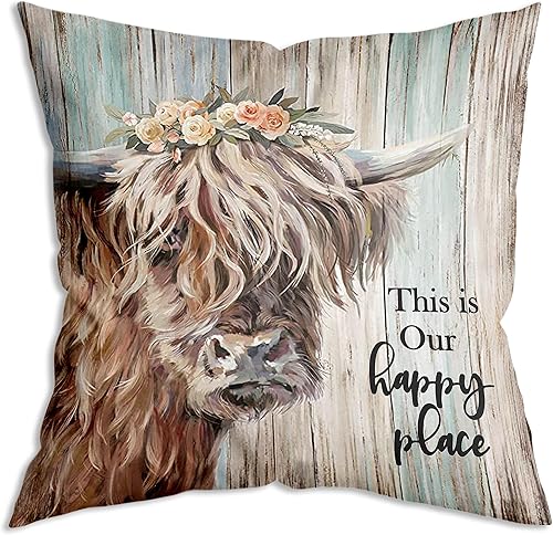 This is Our Happy Place - Funda de almohada con diseño de vaca y granja, estilo vintage, para regalos y decoración del hogar, 18 x 18 pulgadas