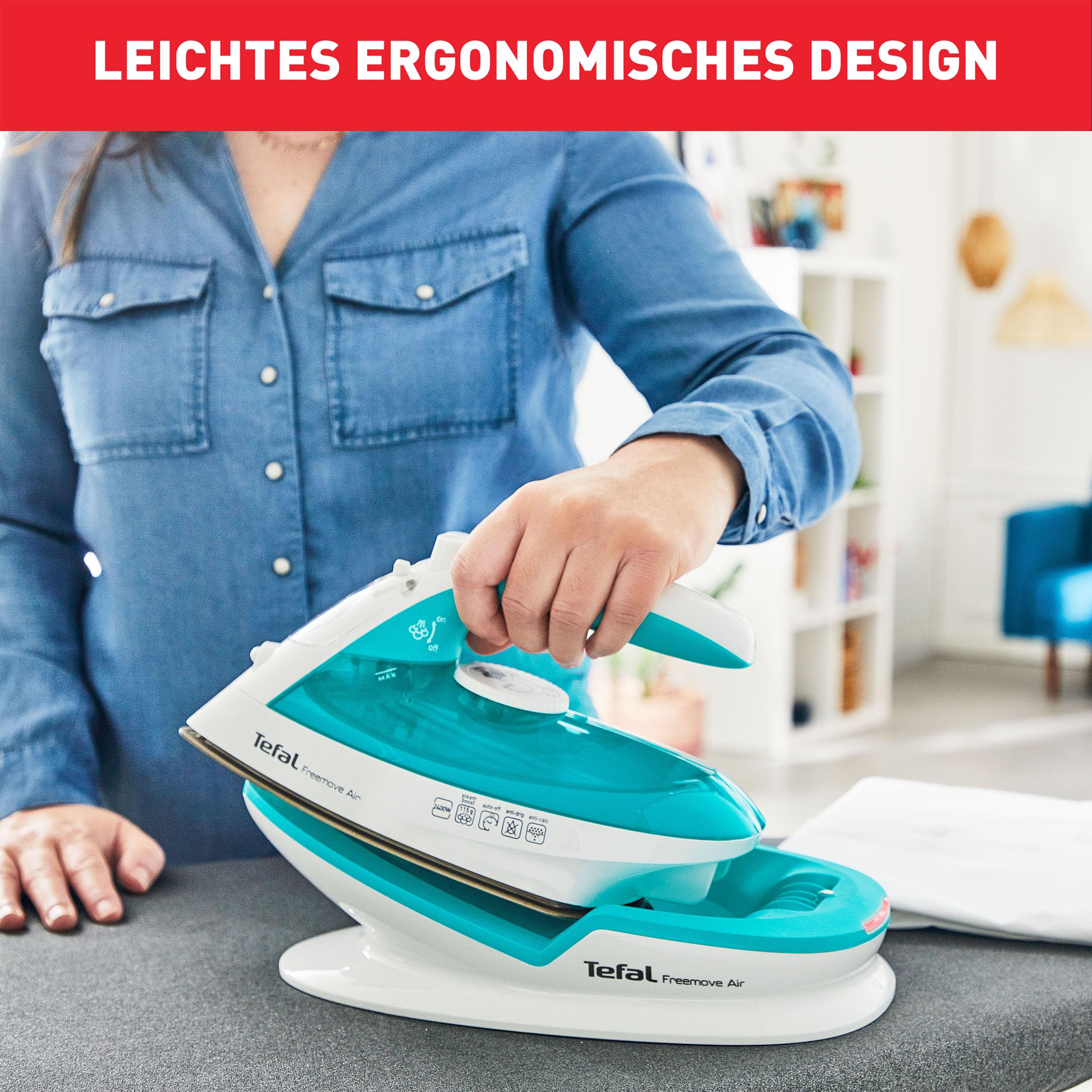 Tefal Freemove Air kabelloses Dampfbügeleisen, 2400 W, 25g/Min-Dauerdampf, 115g/Min-Dampfstoß, Bügeleisen kabellos, einfaches Aufladen, Tropfstopp, automatisches Abschalten, türkis/weiß, FV6520