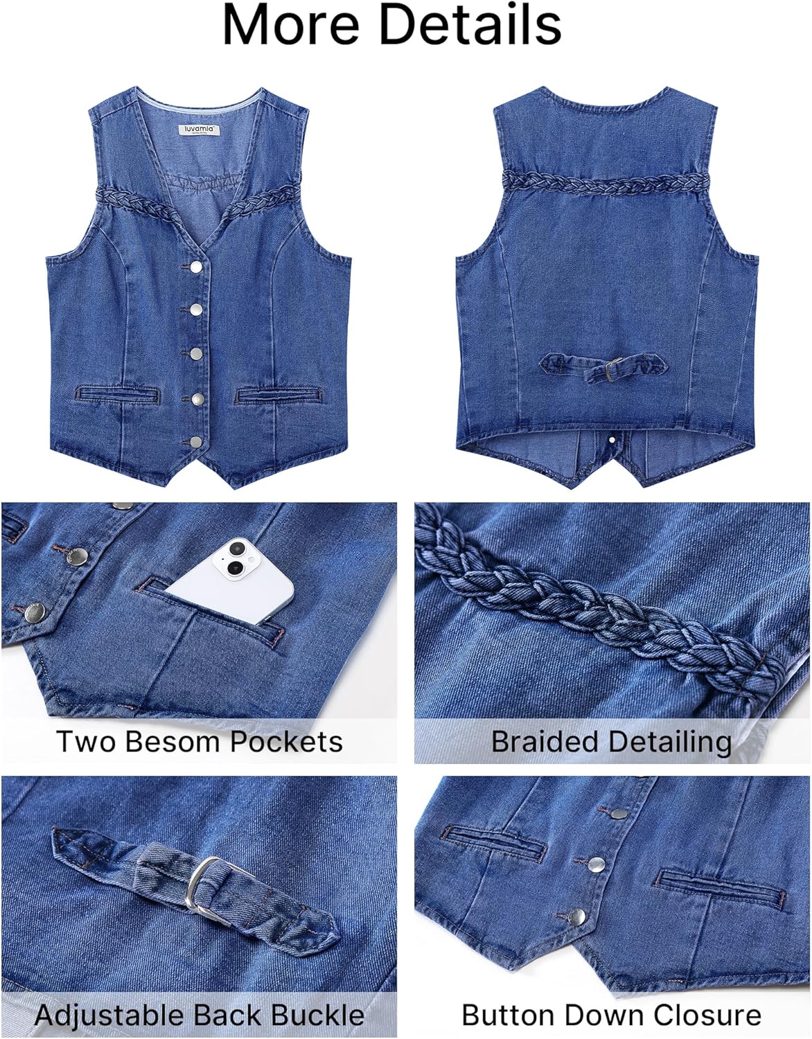 luvamia Denim Vest Women Trendy Button Down Braided Adjustable Waist Western Casual Sleeveless Jean Waistcoat Vests Top - Image 6